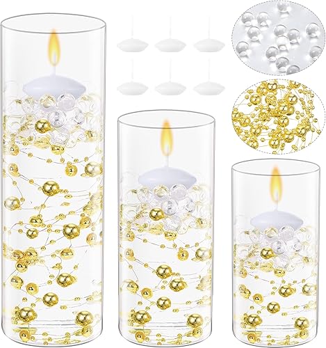 Miniatura 1 de 3 piezas de jarrón cilíndrico de cristal con 6 velas de disco flotantes blancas 10000 cuentas de gel de llenado de jarrón de agua 5 cuentas largas