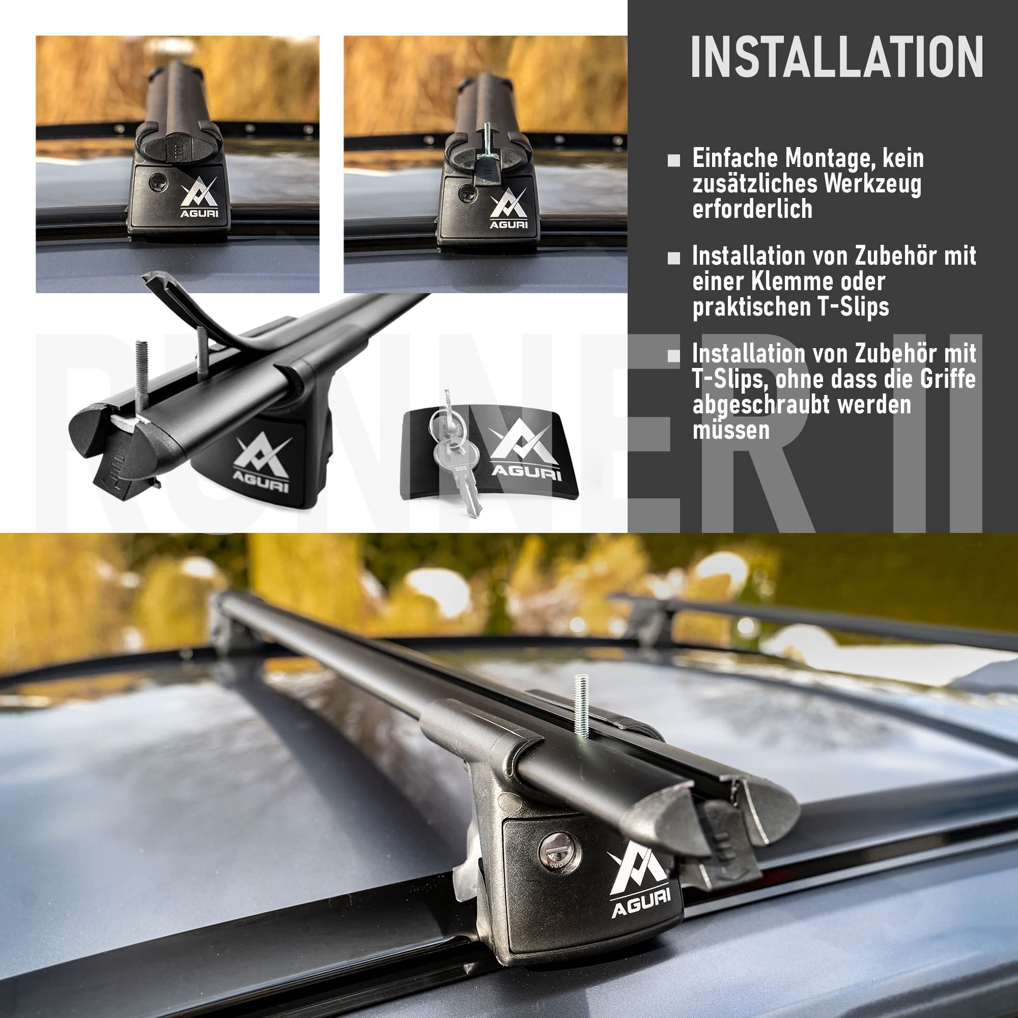 AGURI Runner II | Kompatibel mit Volvo XC60 II 2017+ | Dachgepäckträger Dachträger | Geeignet zur Befestigung von Dachboxen, Fahrradträger, Leiter | Robuste Konstruktion aus Alu | TÜV
