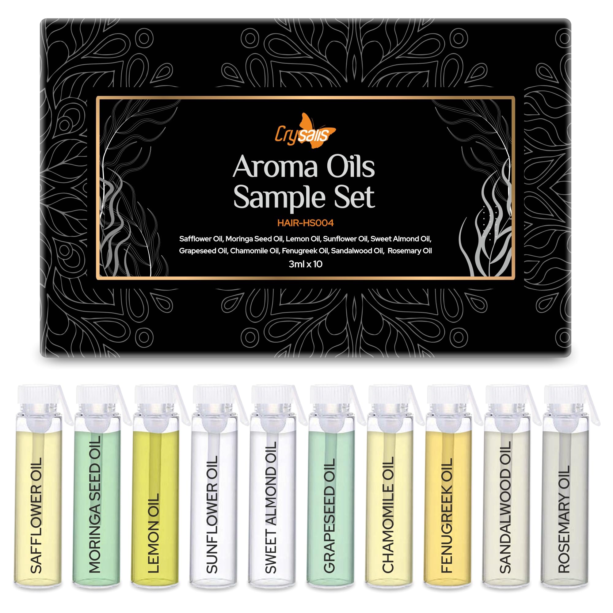 CrysalisHair Care Oils – 3ml x 10 Pack – Soulflower, Moringa, Lemon, Sunflower, Sweet Almond, Grapeseed, Chamomile, Fenugreek, Sandalwood & Rosemary Oils