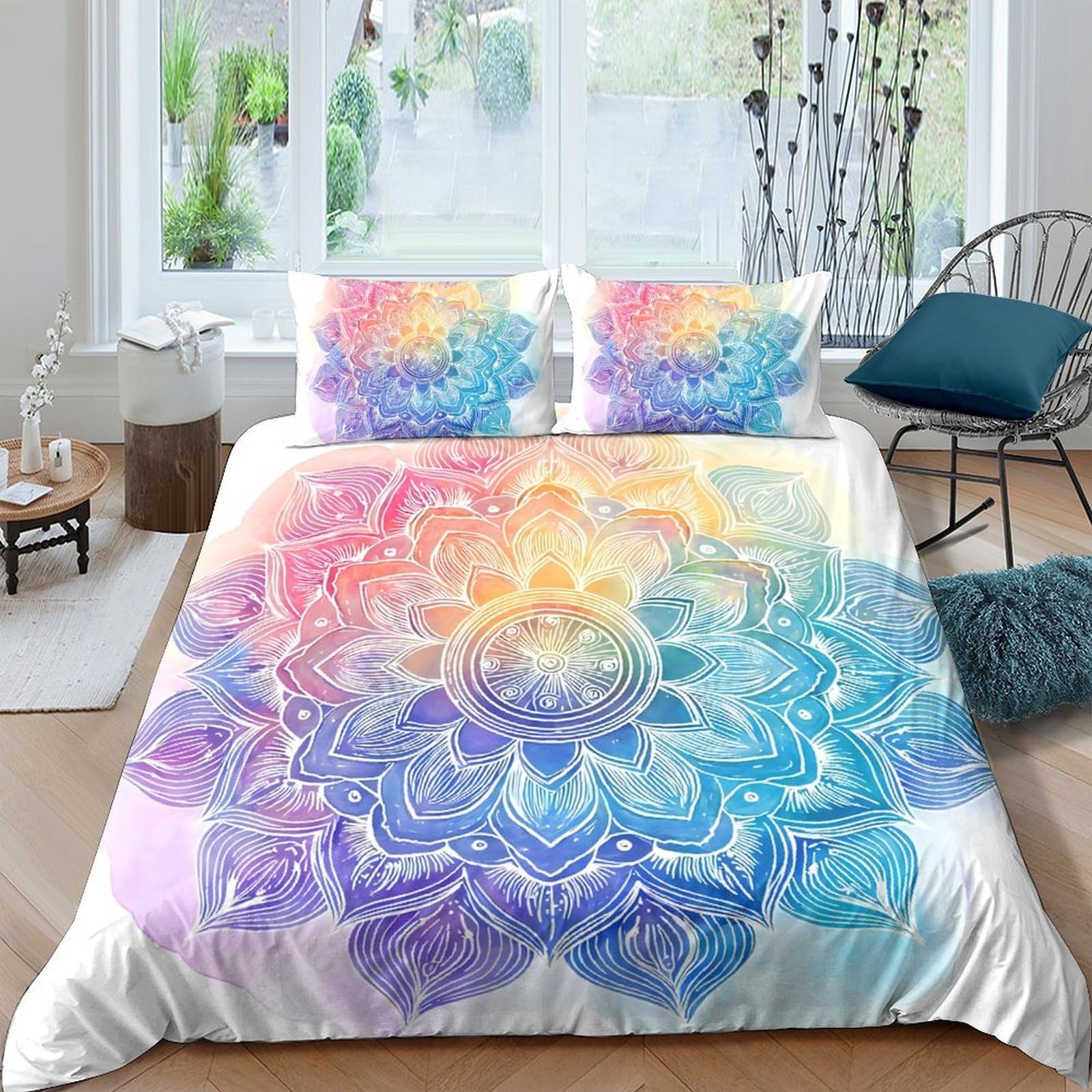 Ctjqhvkz Style-9 3D Printed Rainbow Mandala Fitted Sheet Microfiber Soft Bedroom Decor Pastel Lotus Bed Cover Mattress Protection Single（135X200cm）