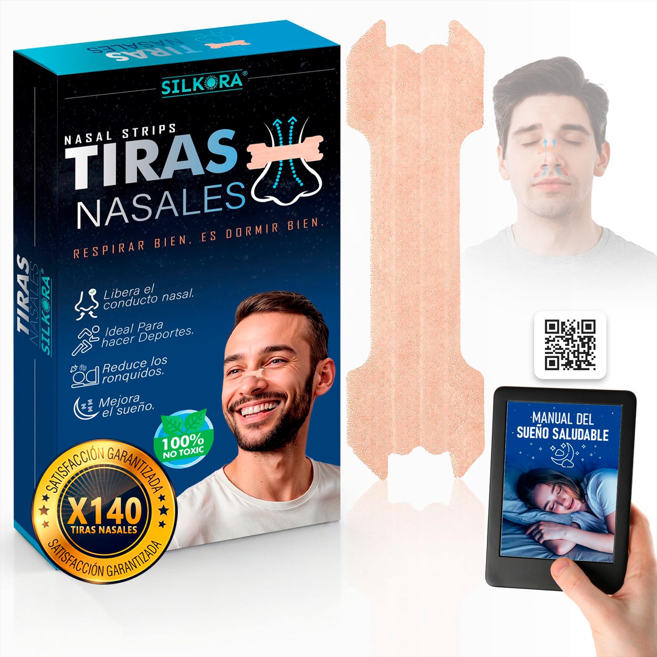 140-SUPER PACK| Tiras Nasales PREMIUM SILKORA® | Tiras nasales antirronquidos para Dormir| Alivian Congestión Nasal| Anti-ronquidos|Nose Strips|Breathe Right| Nasal Strips Respirar Mejor por la nariz