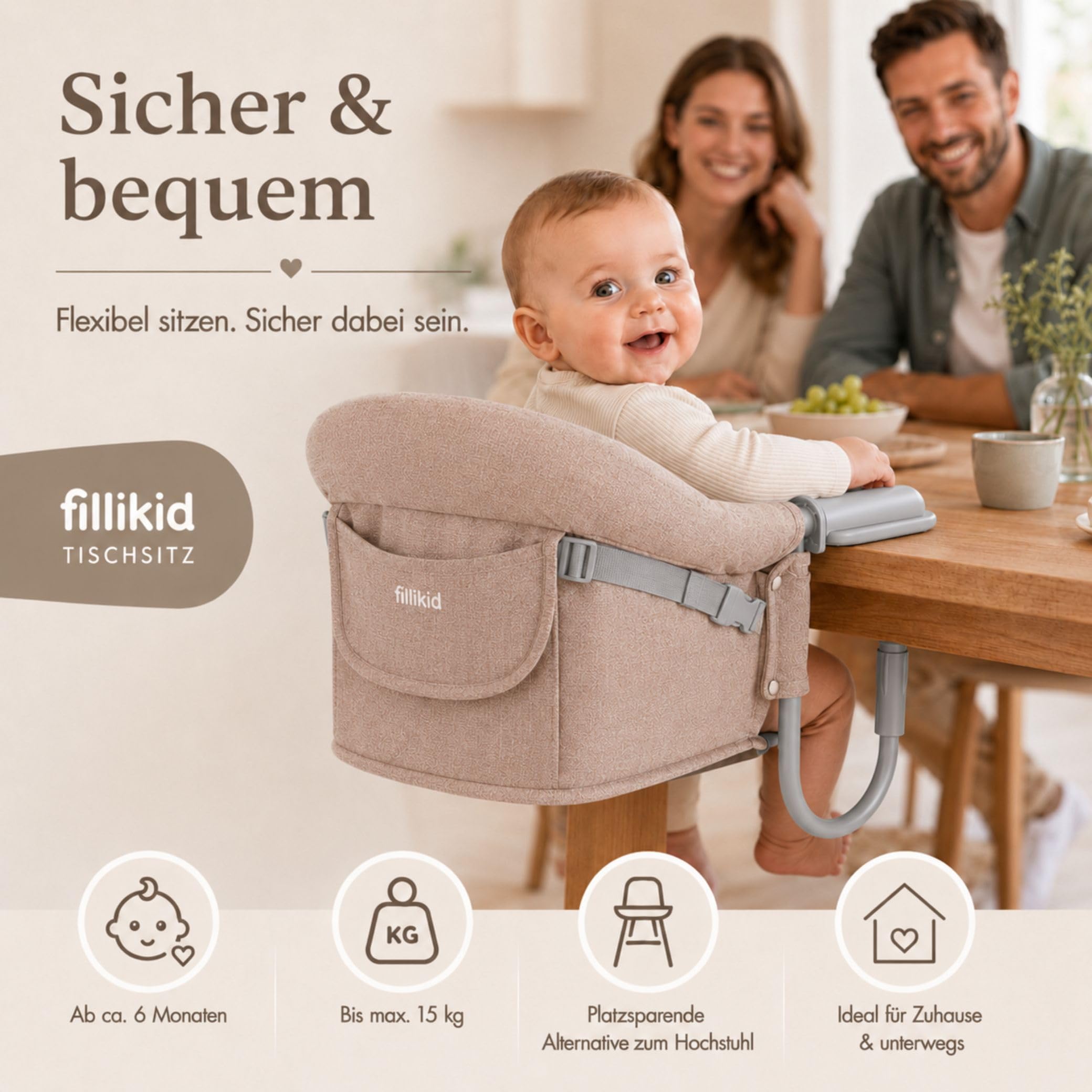Fillikid Babyworld Tischsitz | Faltbarer Babysitz | Stuhlsitz mit klappbarer Schraubfixierung | Boostersitz mit Anti-Rutsch-Klemmen und Tragetasche | Babysitz für dicke Tischplatten | Tischstuhl