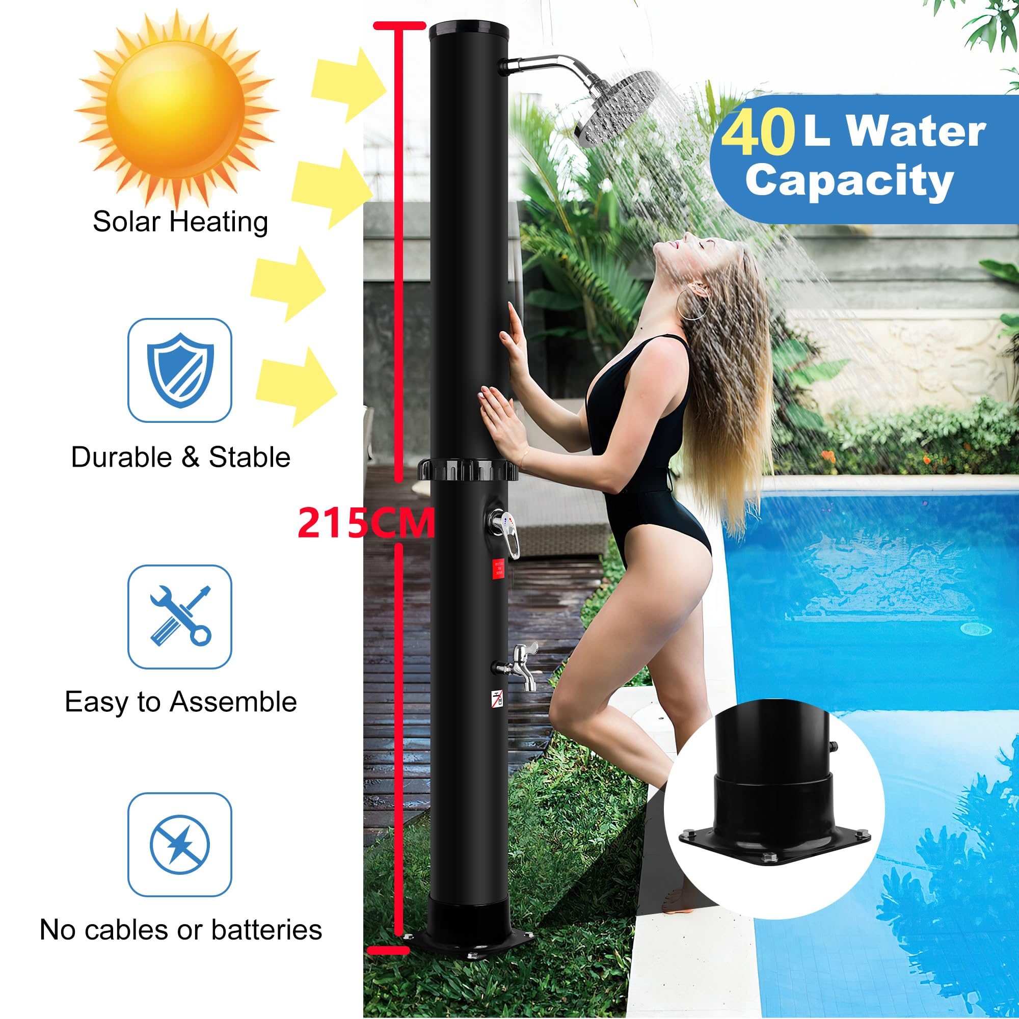 Solardusche 35 Liter | Gartendusche Solar Pooldusche mit bodenplatte | 360° Verstellbarer Duschkopf | Heiß- und Kaltwassereinstellung | Druckregulierung | Wasserhahn(Kaltes Wasser) (40L)