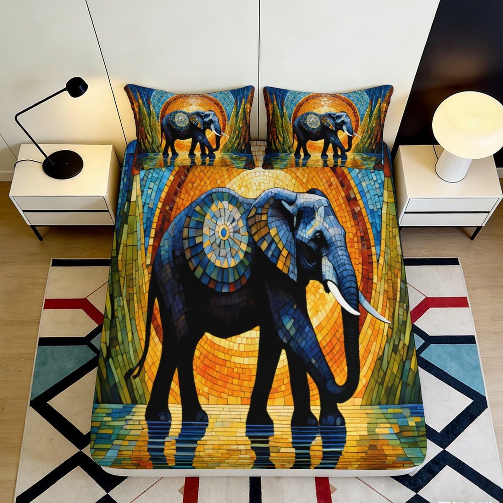 3D Printed Mandala Elephant Fitted Sheet Microfiber Orange Blue Bed Cover Bedroom Decor Anti-Slip Machine Washable 90x200x25cm