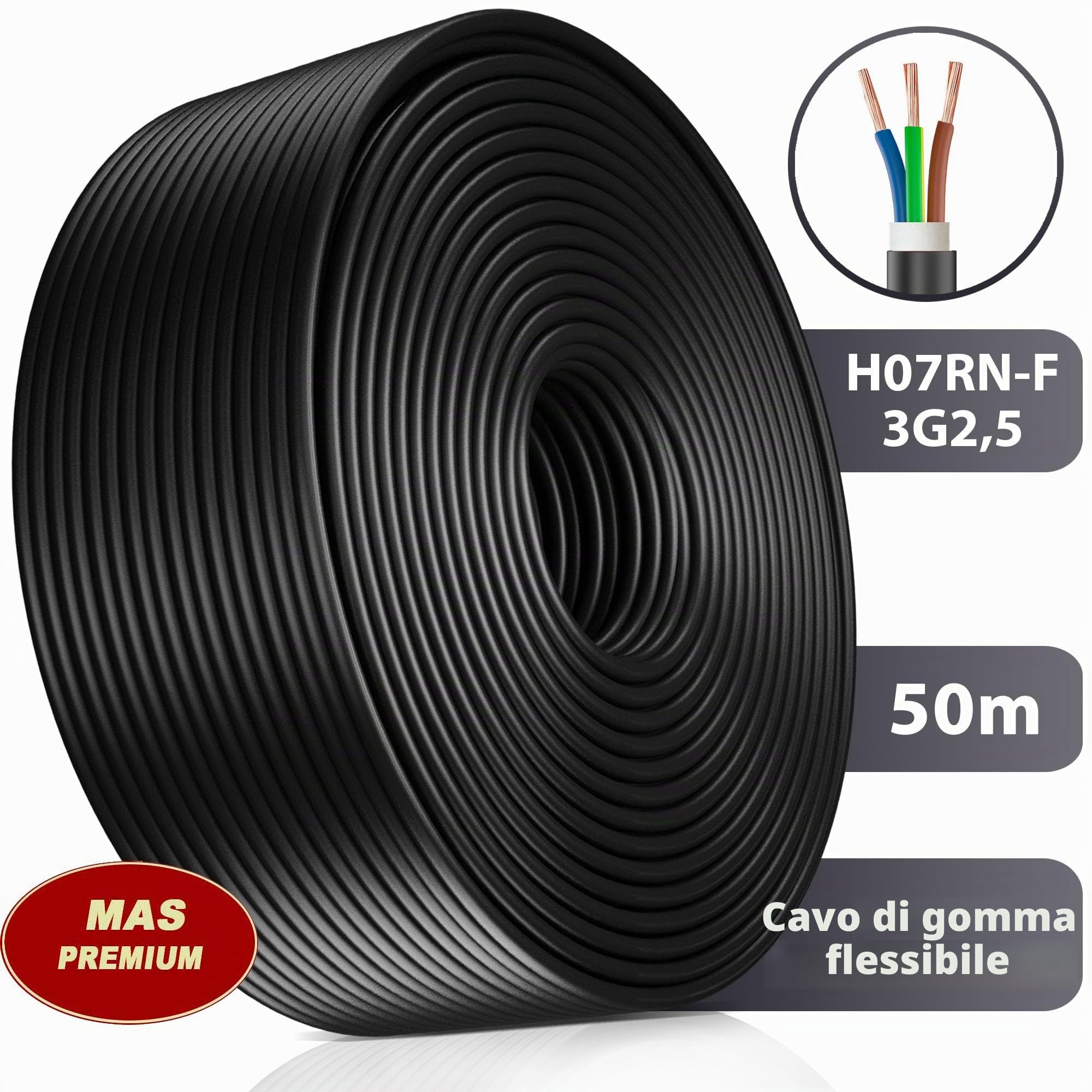 Cavo in gomma da 5 a 100 m, cavo di alimentazione per cantieri H07RN-F 3G2,5 mm², cavo flessibile con cavo di protezione per dispositivi pesanti (50 m)