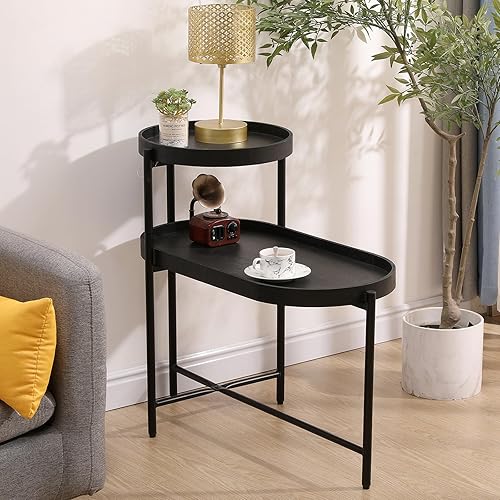 Miniatura 6 de Mesa auxiliar redonda de 2 niveles, mesa auxiliar irregular de 2 niveles, mesa auxiliar para sofá, mesa pequeña con marco de metal para sala de