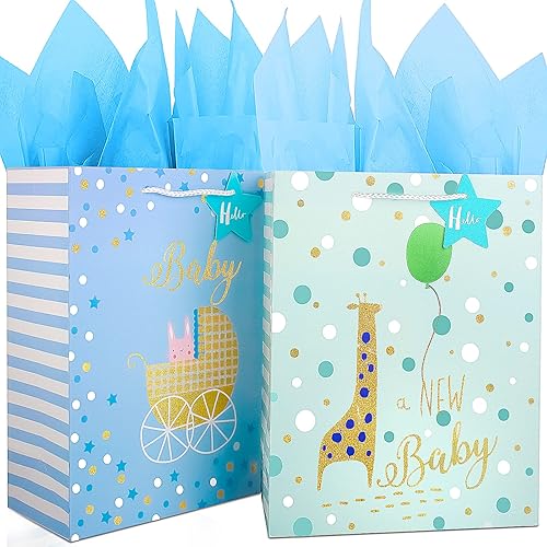 Bolsa de regalo para bebé, bolsas de regalo grandes de 12.6 pulgadas con papel de seda, bolsa de regalo para baby shower con diseño de lámina
