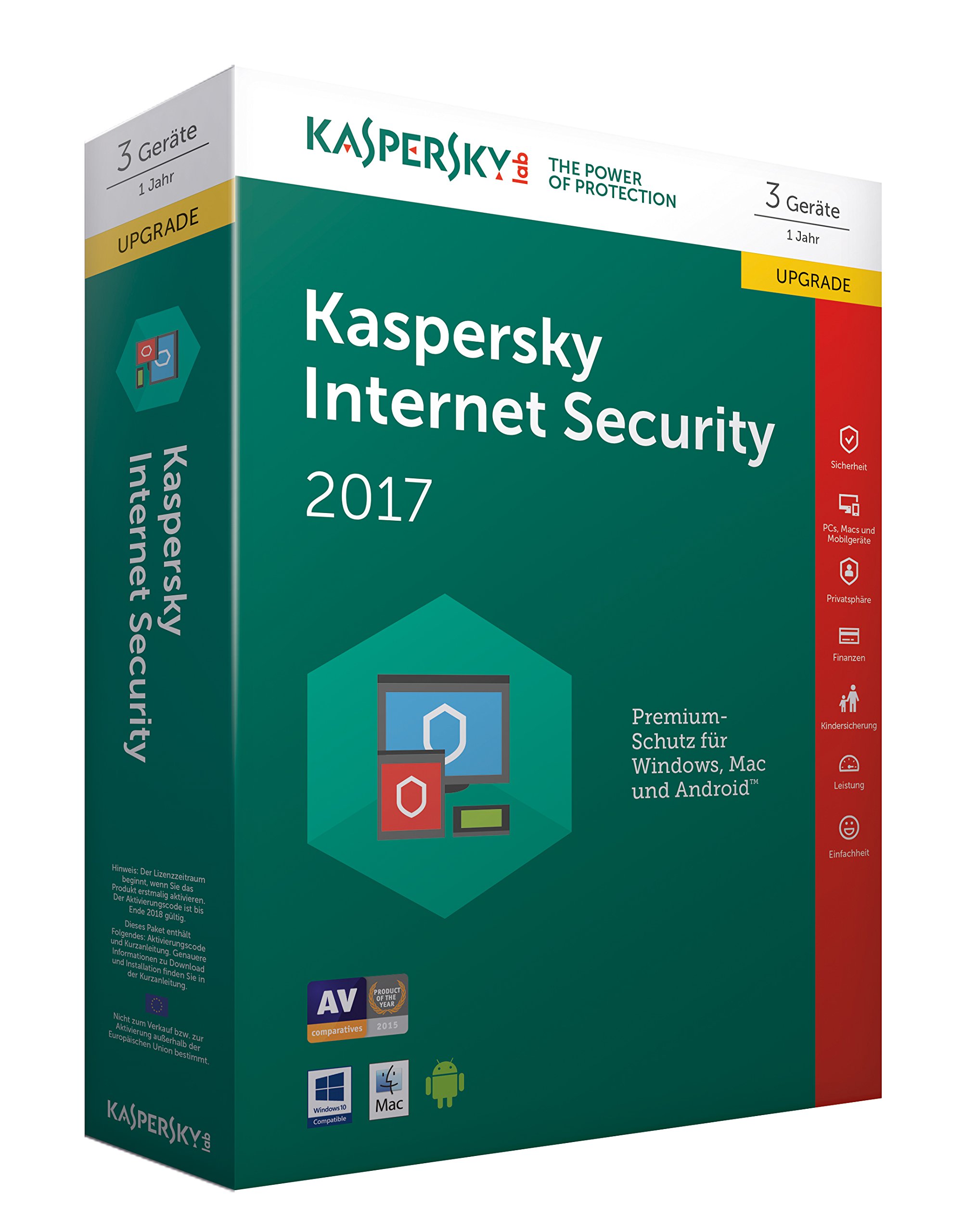 Kaspersky Internet Security Upgrade 2017 | 3 Geräte | 1 Jahr | PC/Mac/Android | Download