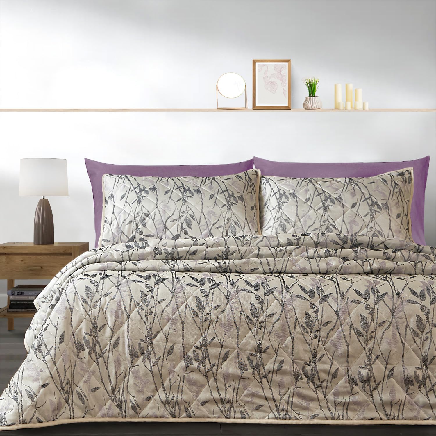 Velosso Jacquard Reversible Quilted Comforter all seasons Bedspread Set with Matching Pillowsham Coverless Quilted Set (Wilder Lilac, Double)