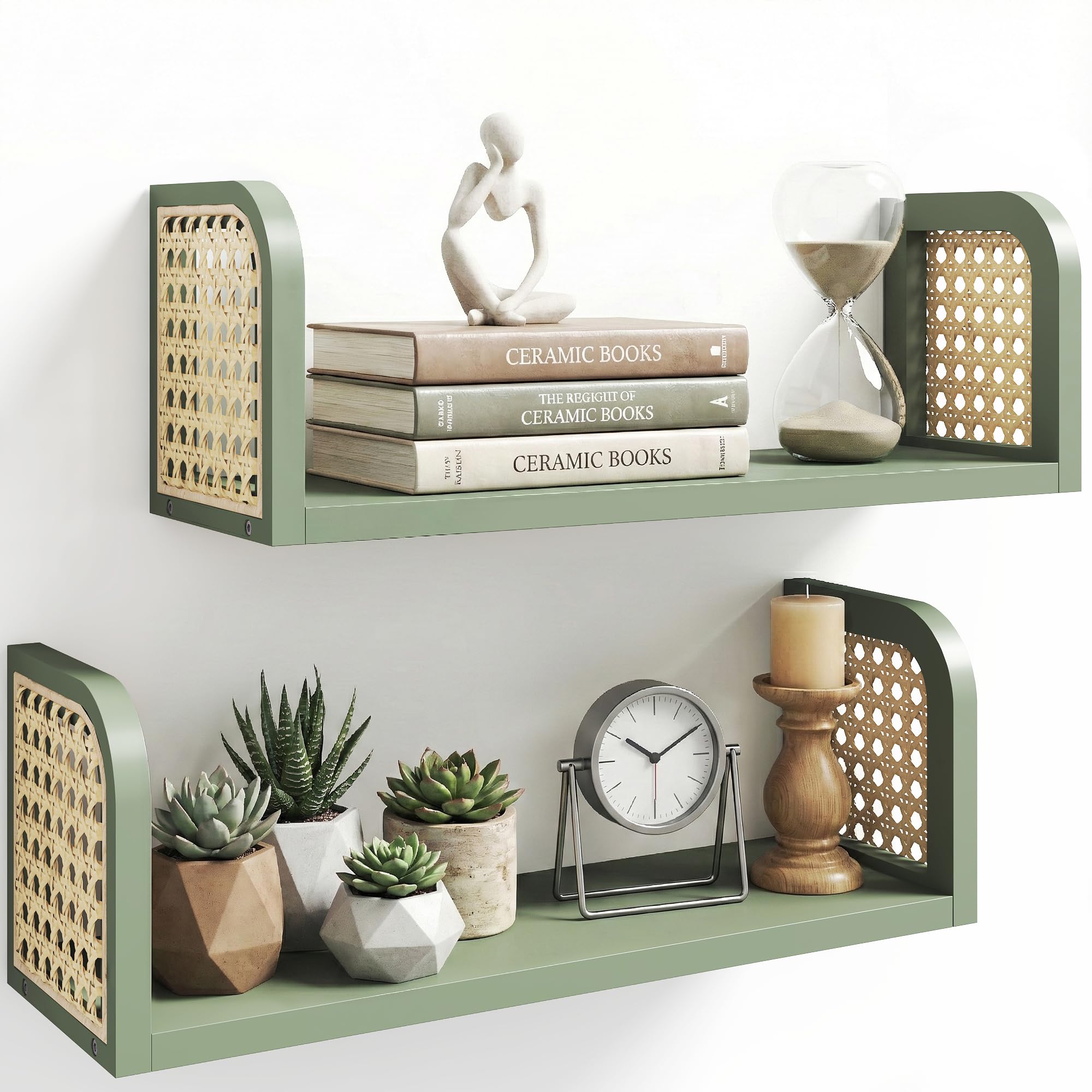 2er Set Rattanregal – Boho Wandregal & Boho Deko in Grün, Hängeregal für Kinderzimmer, Wohnzimmer & Schlafzimmer, Aufbewahrung für Bücher & Spielzeuge in Grün