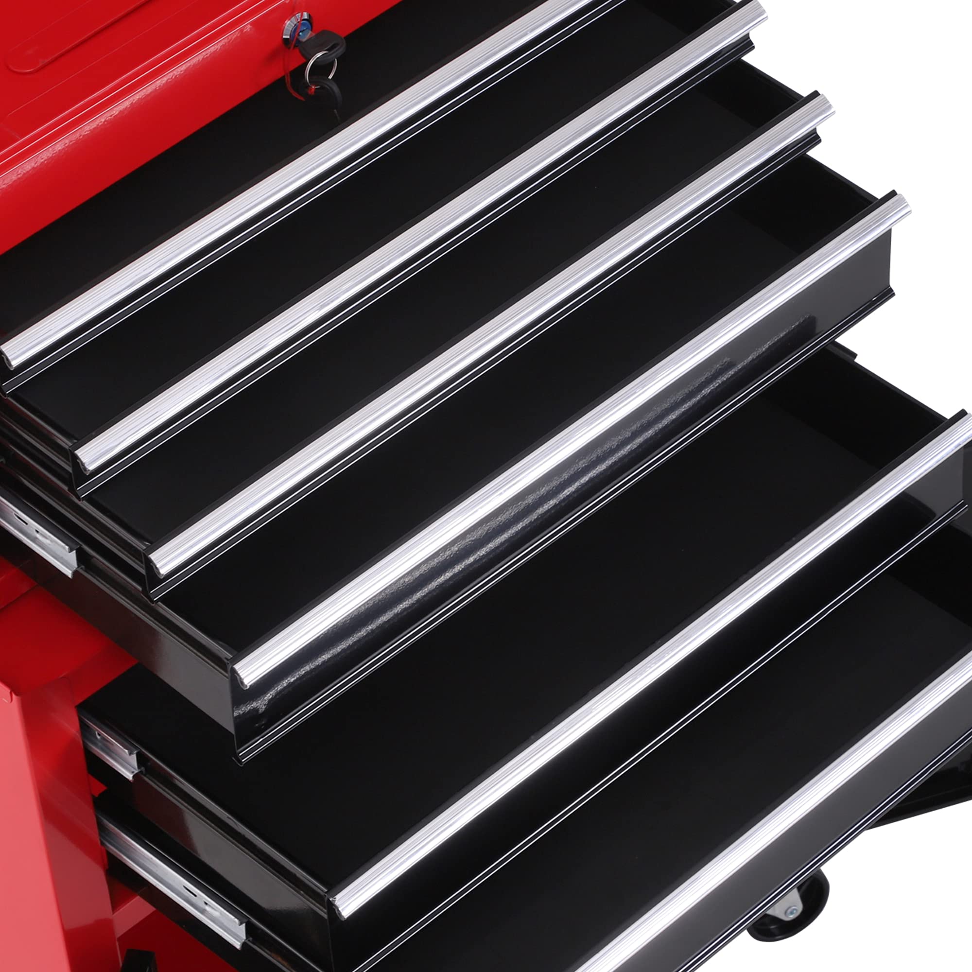 HOMCOM Carro de Herramientas con Baúl Superior, 2 en 1, Carro de Taller con 6 Cajones, Armario, Cerradura, 4 Ganchos, 2 Ruedas con Freno de Bloqueo, para Garaje, Hogar, Rojo
