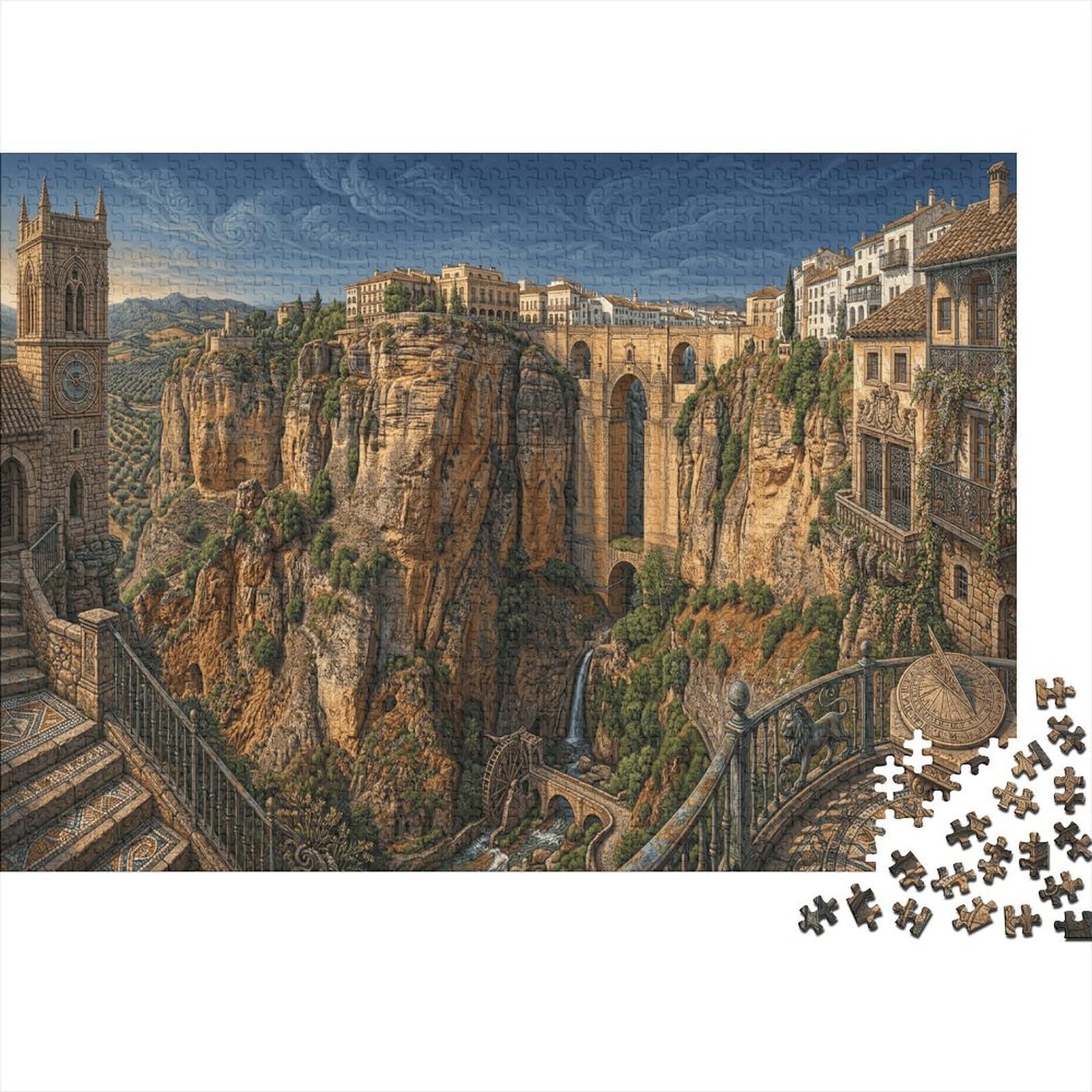 Ronda's Puente Nuevo 1000 Piece Jigsaw Puzzle Cliffside Town Concentration Training Leisure Time Perfect for Family Weekend Activities 52x38cm/1000pcs