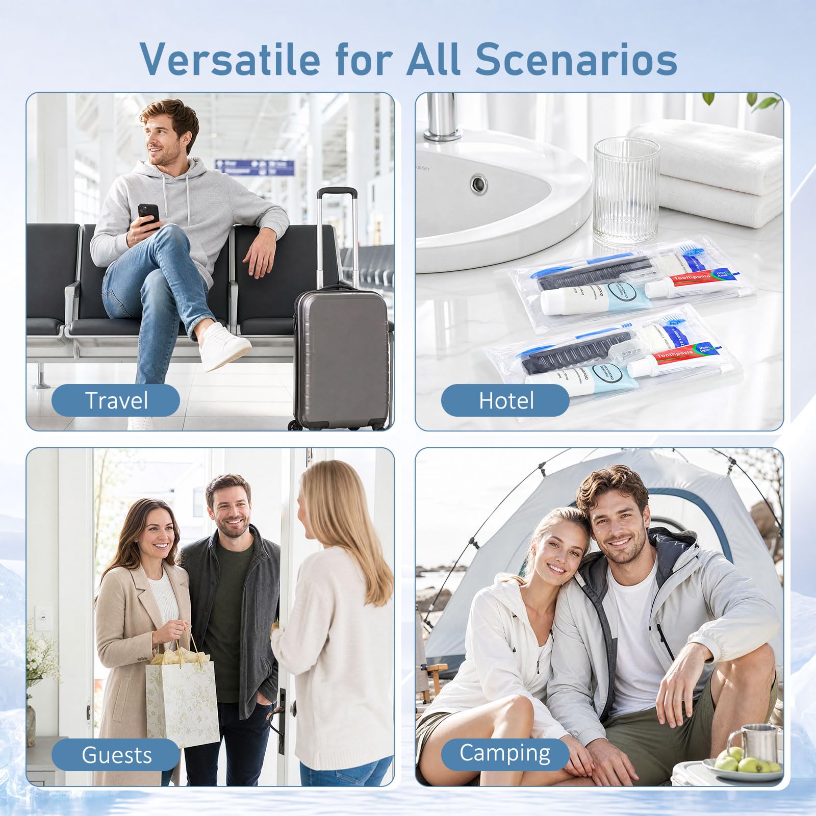 Kit di articoli da toeletta da viaggio, kit di igiene personale 5 | Con spazzolino da denti, dentifricio, shampoo, pettine, sapone, confezionati singolarmente per gli ospiti, hotel, campeggio