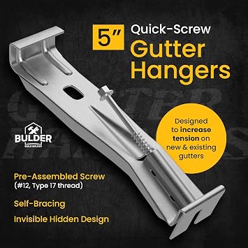 Quick-Screw 5 Gutter Hangers - Heavy Duty Hidden Gutter Brackets with Pre-Assembled Inserted Gutter Screws - Rain Gutter Parts and Accessories to Fix or Repair Sagging Rain Gutters (100 Count)