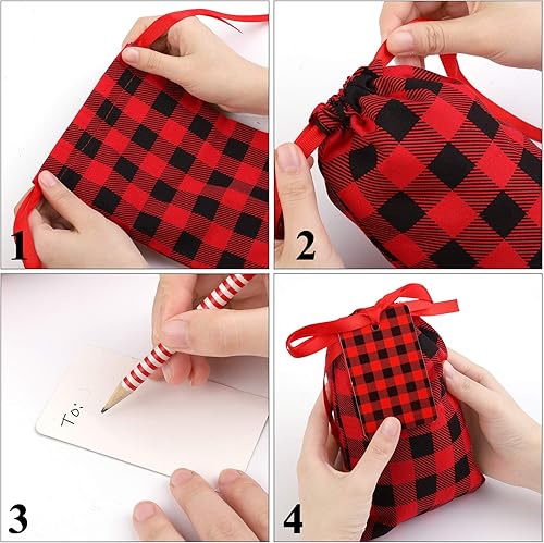 Miniatura 3 de Aneco 12 piezas de mini bolsas de algodón de Navidad a cuadros rojos y negros con cordón de 7.8 x 5.9 pulgadas, bolsa de almacenamiento de