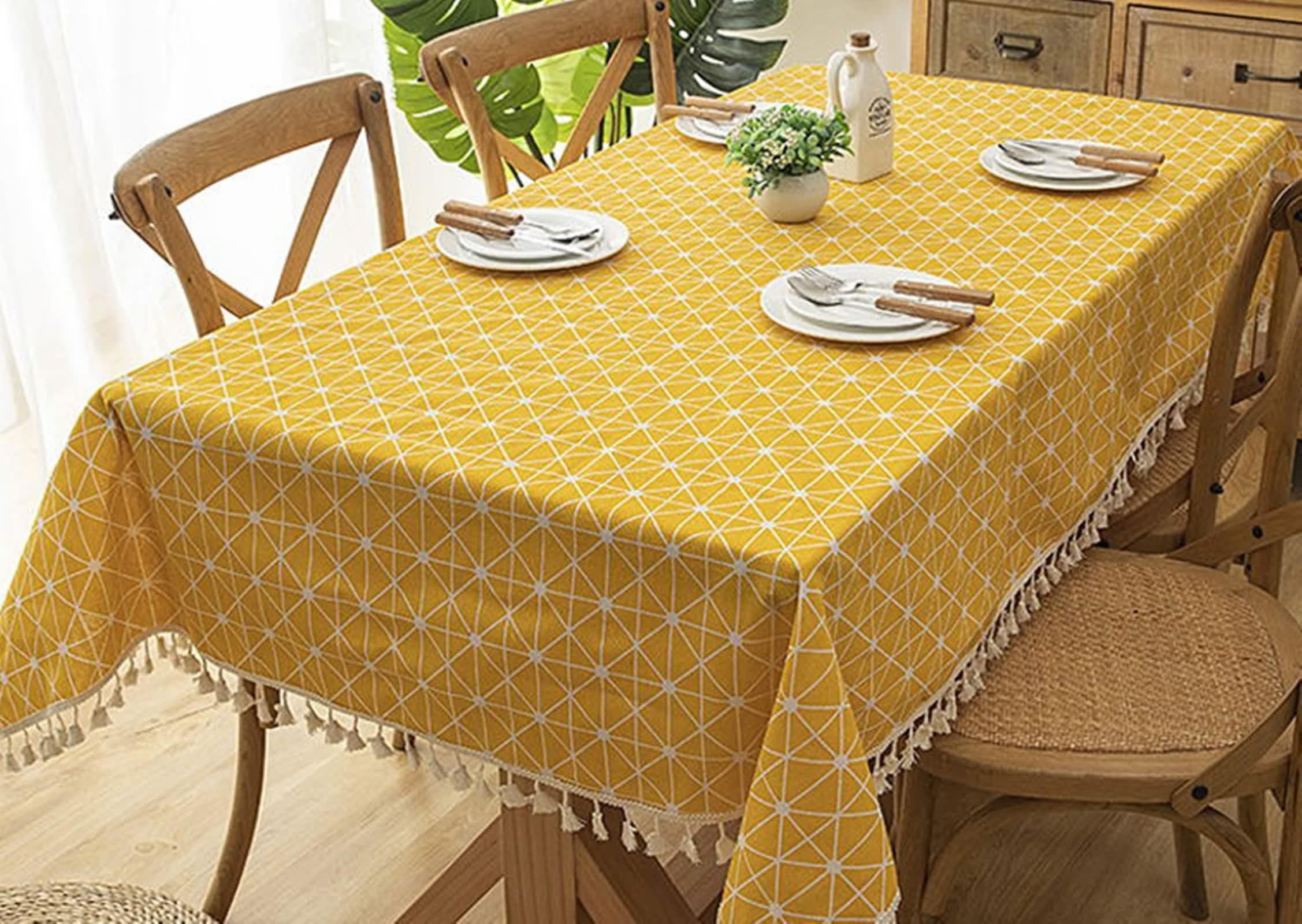 Tovaglia Cotone Gialla, Copri Tavolo Soggiorno Elegante Scacchiera con Nappa Decorativa 140X140CM per Cucina