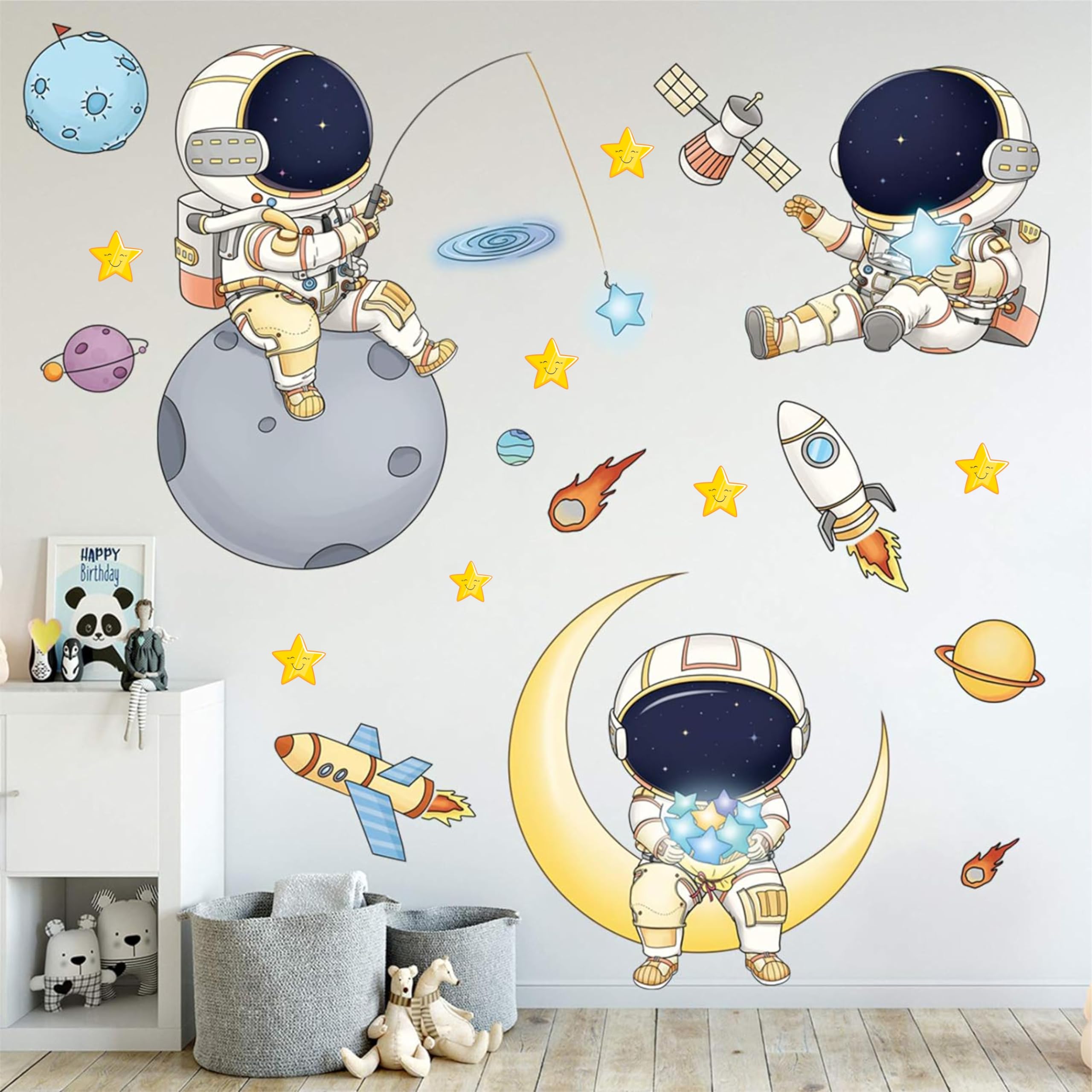 DREAM DECALS Astronaut Peel and Stick Wall Stickers for Boys Bedroom Cartoon Spaceman Outer Planet Creative DIY Art Vinyl Wall Decal Star Spaceship UFO Glaxy Wallpaper Decor 120 x 120 cm