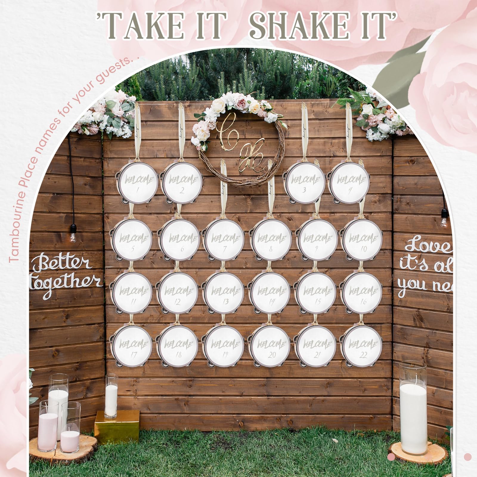Set di 36 tamburelli da matrimonio da 10,2 cm, per adulti, in legno, con sonagli in metallo, etichette regalo, strumento musicale per chiesa, matrimoni, bomboniere