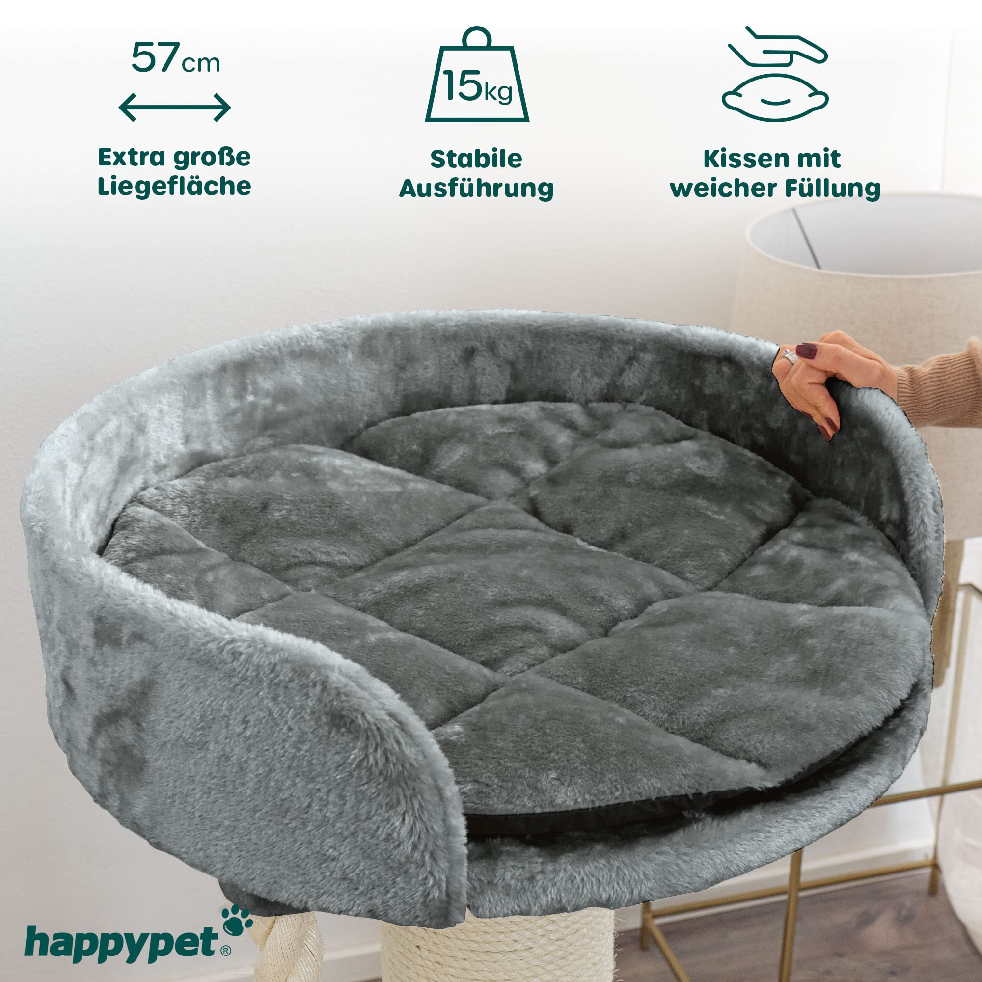 HAPPYPET Premium Kratzbaum 'Balu' Grosse Katzen Stabil - Katzenbaum, Kletterbaum, für Maine Coon, Ragdoll, Robustes Natursisal, Dicke Stämme 18 cm, 100 cm hoch, Grau