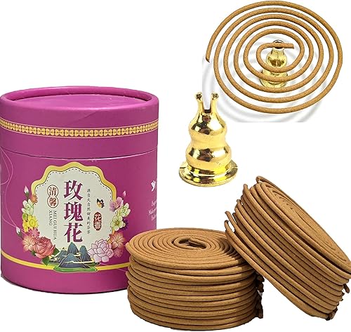 Bobinas de incienso de rosas (48 piezas) Bobina de incienso y soporte de incienso de latón, bobinas de incienso chino natural, diseño en espiral