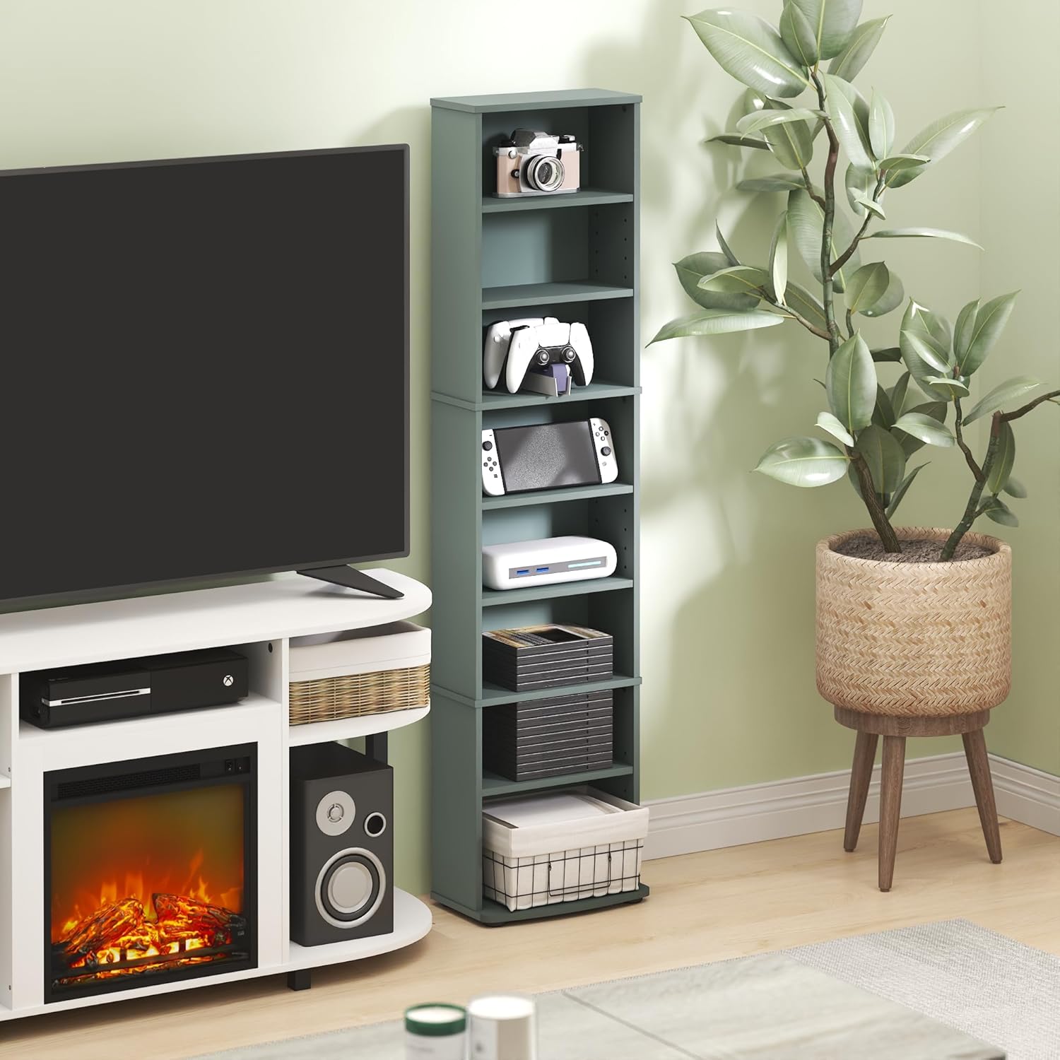 furinno jaya dvd shelf, 8-tier tall narrow cd rack, media shelf with adjustable shelves, dvd storage cabinets for cd blueray game disc, easy assembly, for living room, home office, sage green