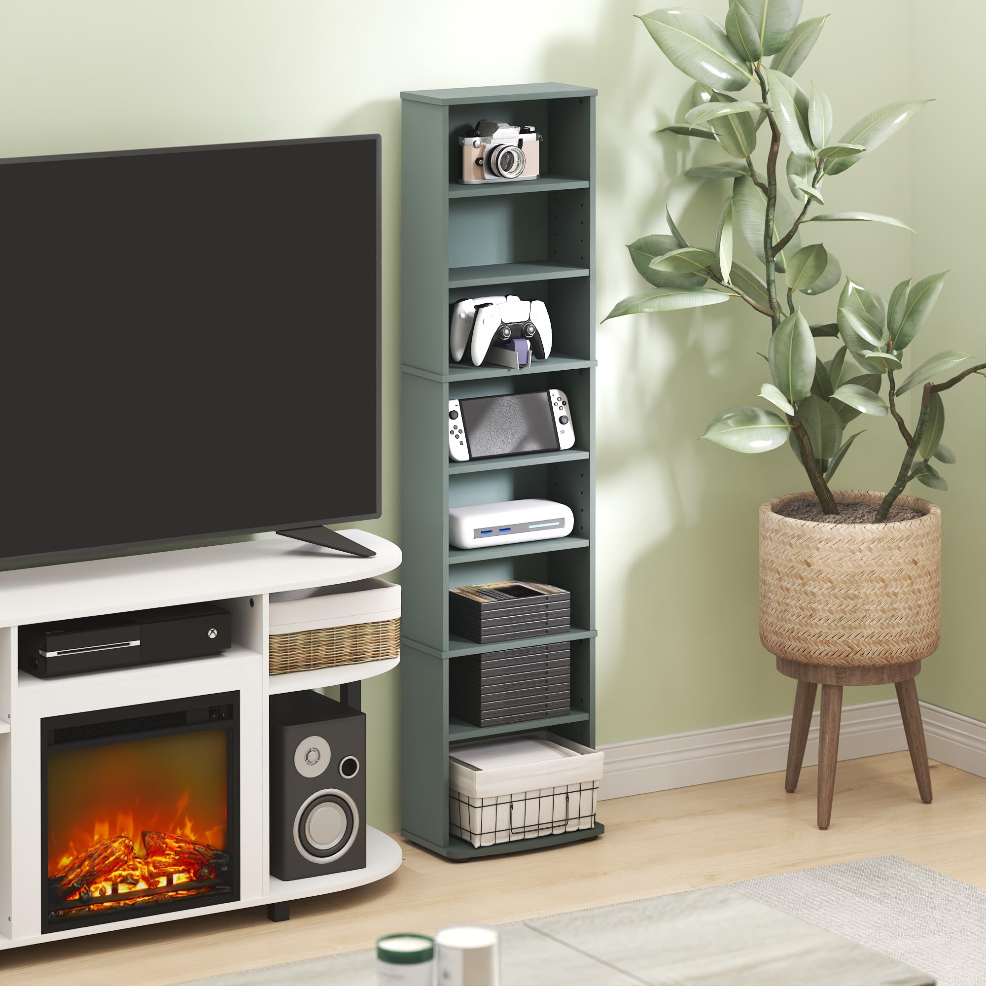 Furinno Jaya Estantería Alta Estrecha de 8 Niveles Multimedia Ajustable para CD DVD BLU-Ray Juegos fácil de Montar Sala de Estar y Oficina Blanco