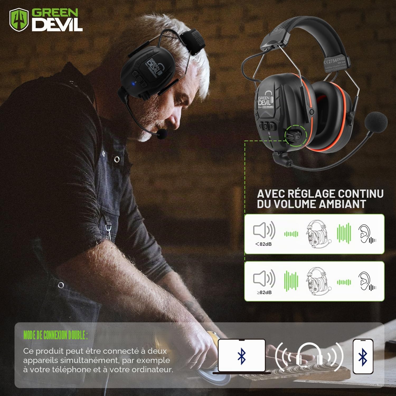 GREEN DEVIL Shield LD Aktiver Gehörschutz - elektronischer Gehörschützer mit Bluetooth 5.3 Technologie Integriertes Mikrofon EN352-konforme SNR 32dB für Mähen und Lärmintensive