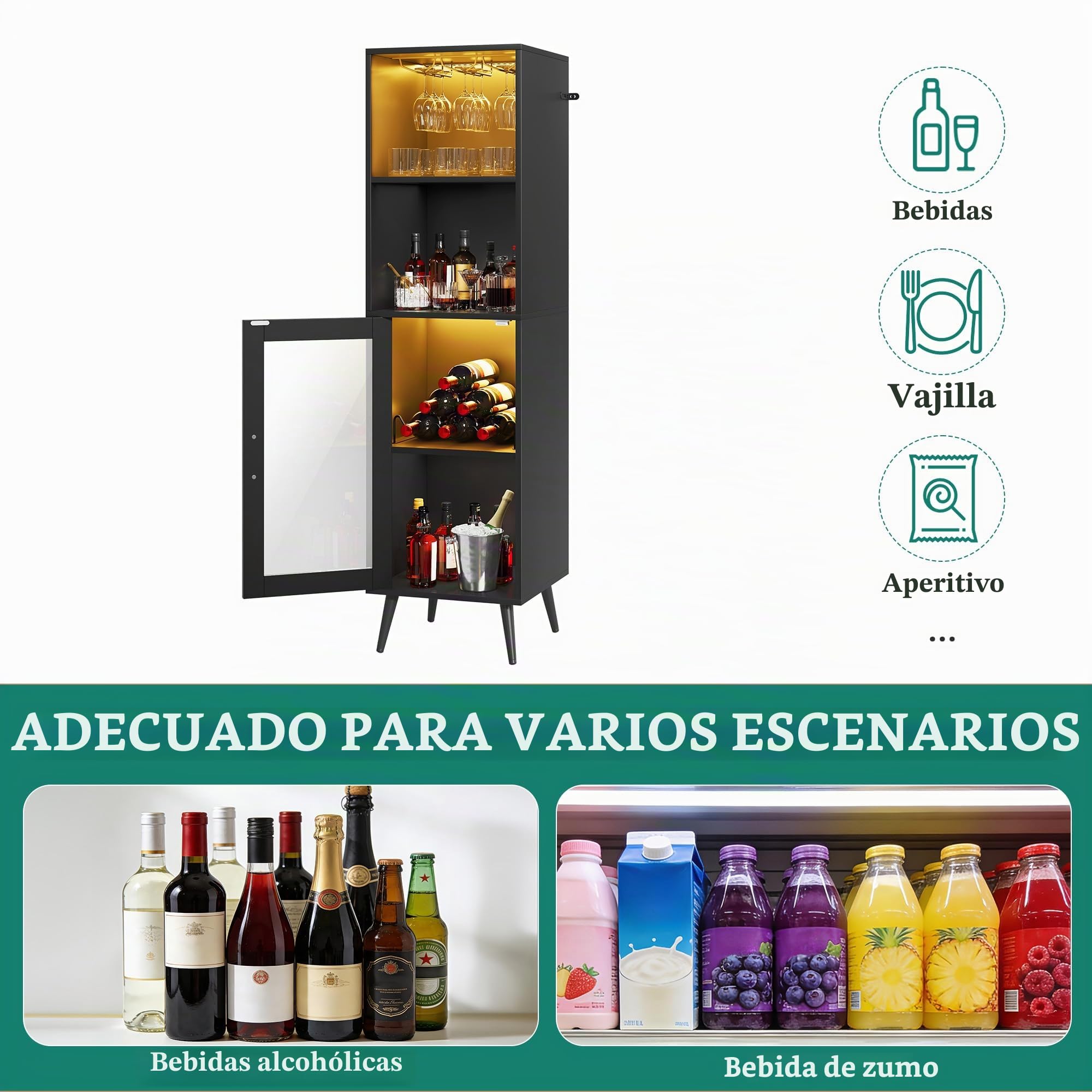 YITAHOME Gabinete de Bar con Luces LED Ajustables, Barra de café con Estante para Vino y Ganchos y Armario de Puerta acrílica, aparador de Buffet de Cocina para el hogar, Bar, Comedor, Sala de Estar