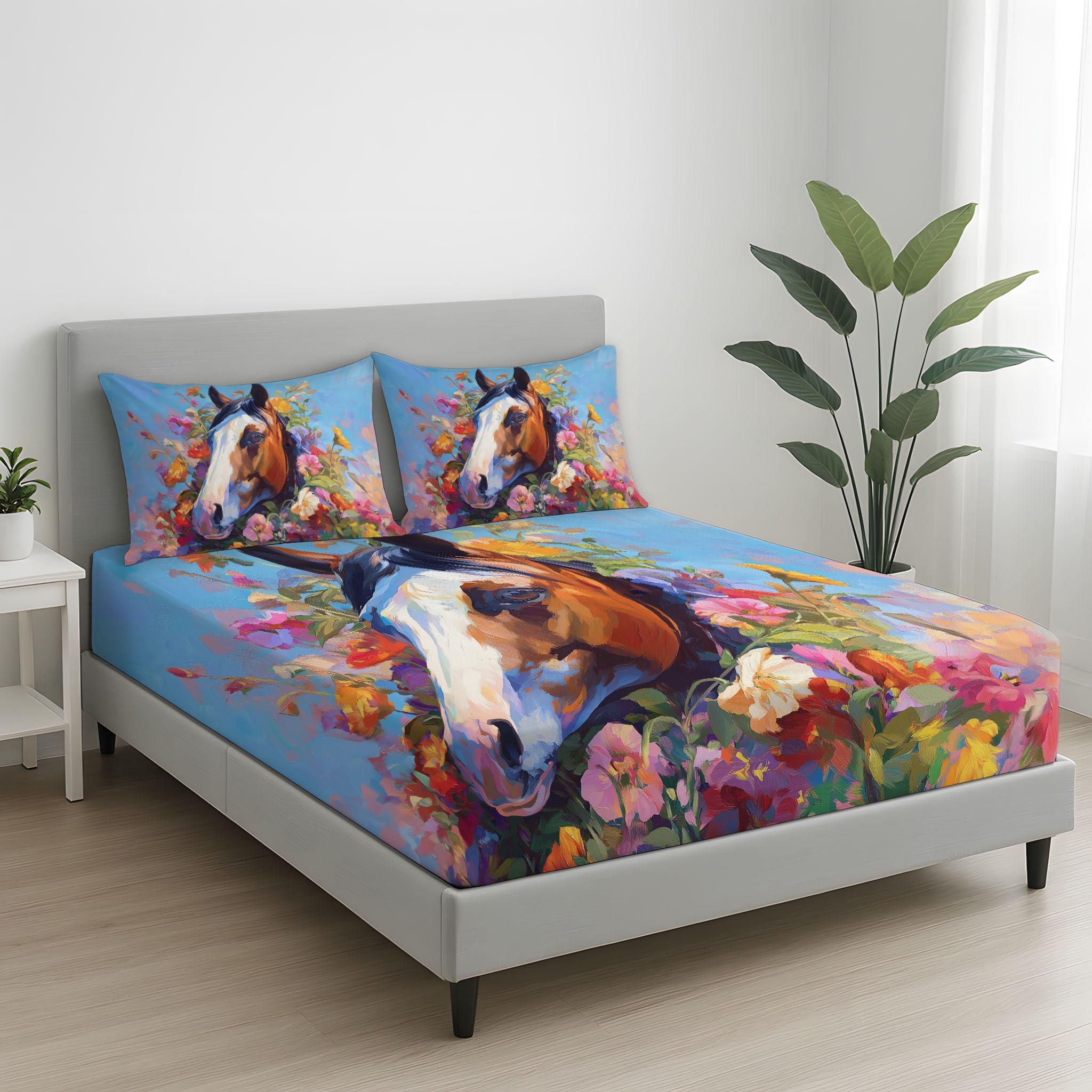 Blumenmuster Pferdekopf Blüten Spannbettlaken 160 x 200 cm - Bettlaken Pflegeleicht, Hyperrealistisch Landhausstil Sanft, Bettwäsche-Set, 3-teiliges Künstlerisches Schlafzimmer