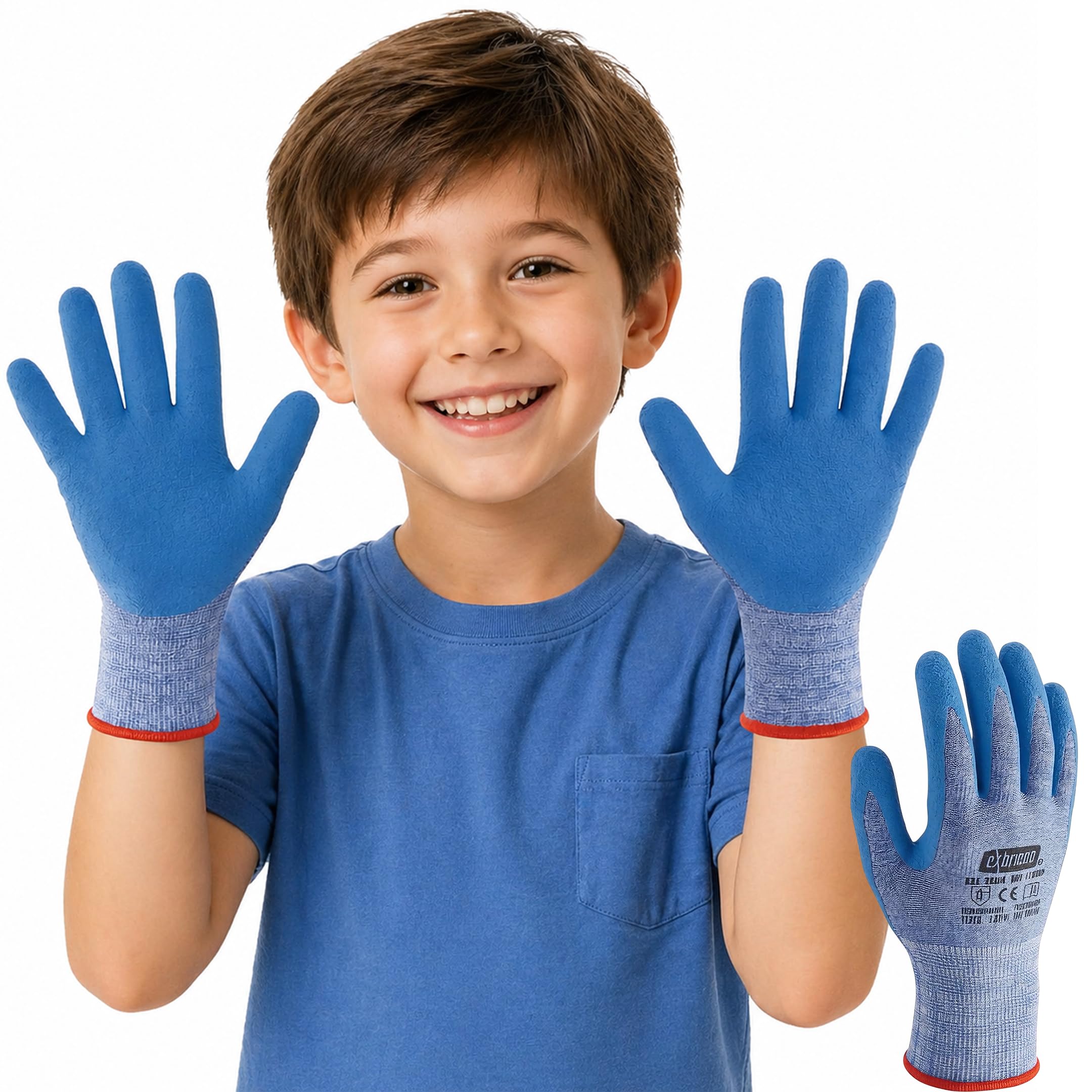 Pack 120 Guantes de Trabajo Para Niños, Antideslizantes, Transpirables, Poliéster con Látex Natural, Agarre Seguro, Protección Manos, Jardín, Playa, Bricolaje, Color Azul, Talla 4, 3XS