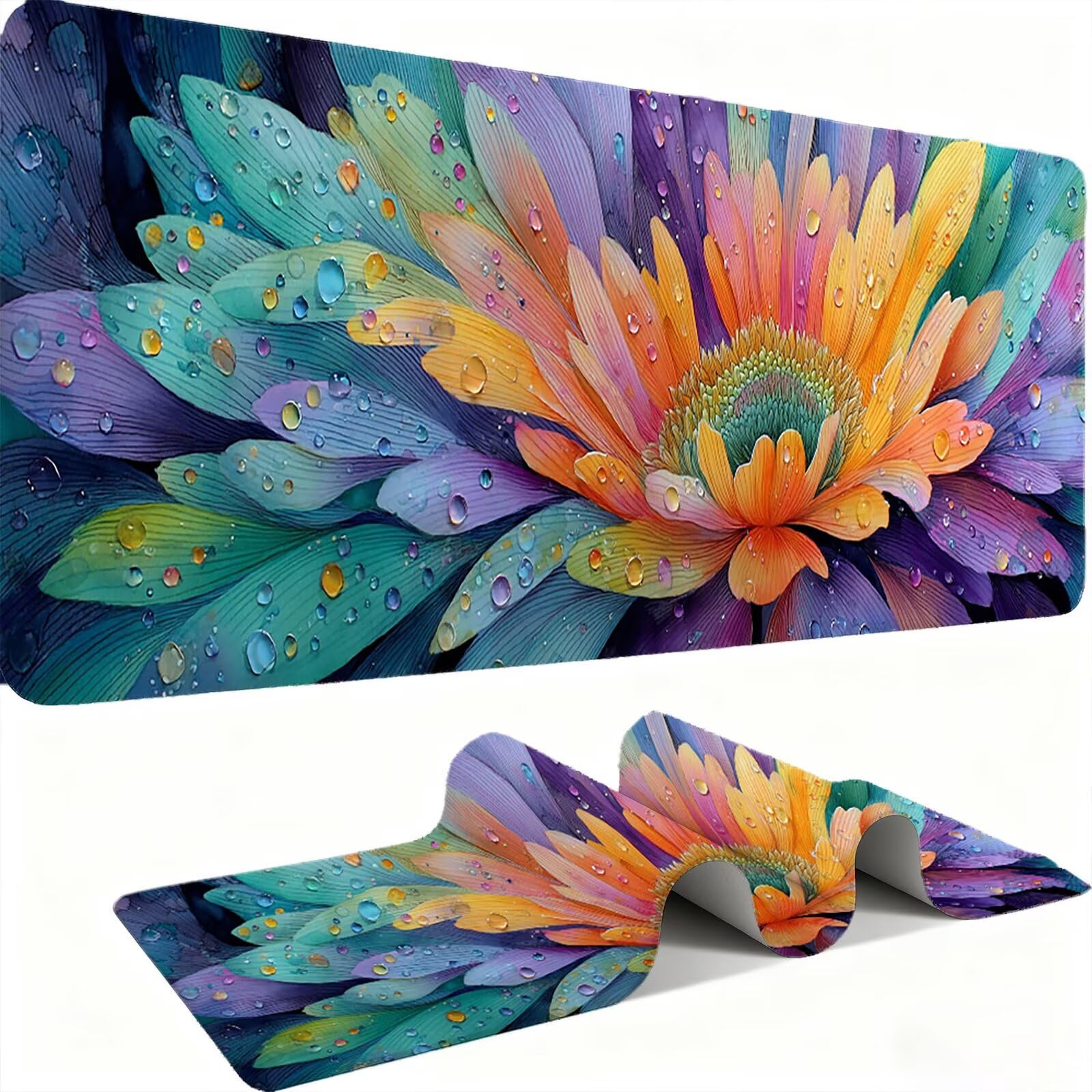 Tappetino Mouse XXL 1200x600x3mm Mouse Pad Gaming, Fiori Colorati, Mousepad Base Antiscivolo, Esteso Accessori Scrivania Tracciamento Ad Alta Precisione tappetino per Computer e Ufficio, PC, C0P-714