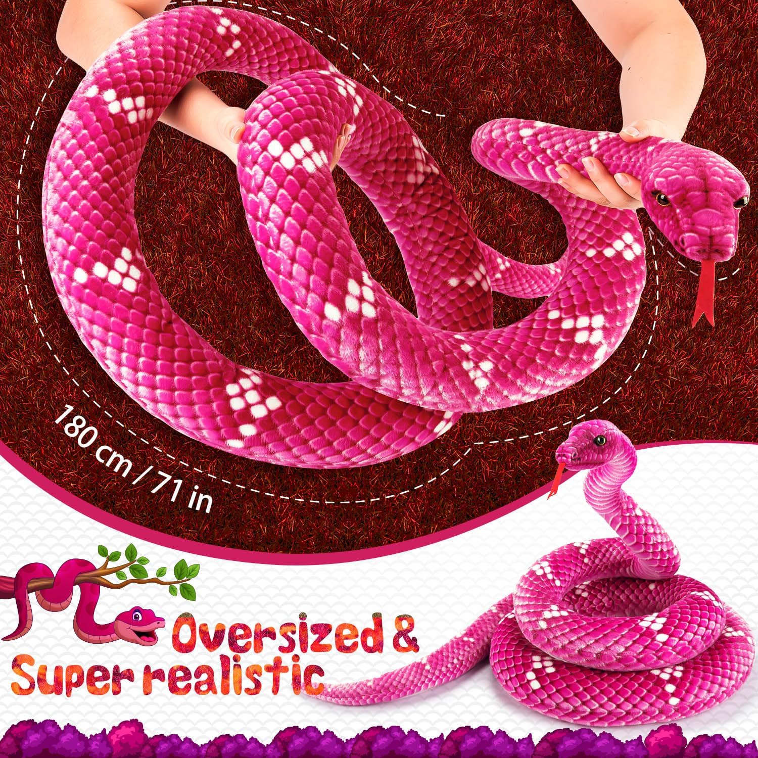 Snake Plush, Stuffed Snake Animal, 71 in Large Toy Snakes for Kids, Lifelike Giant Stuffed Animals for Birthday Present Party Prank Prop (Pink) - Image 2
