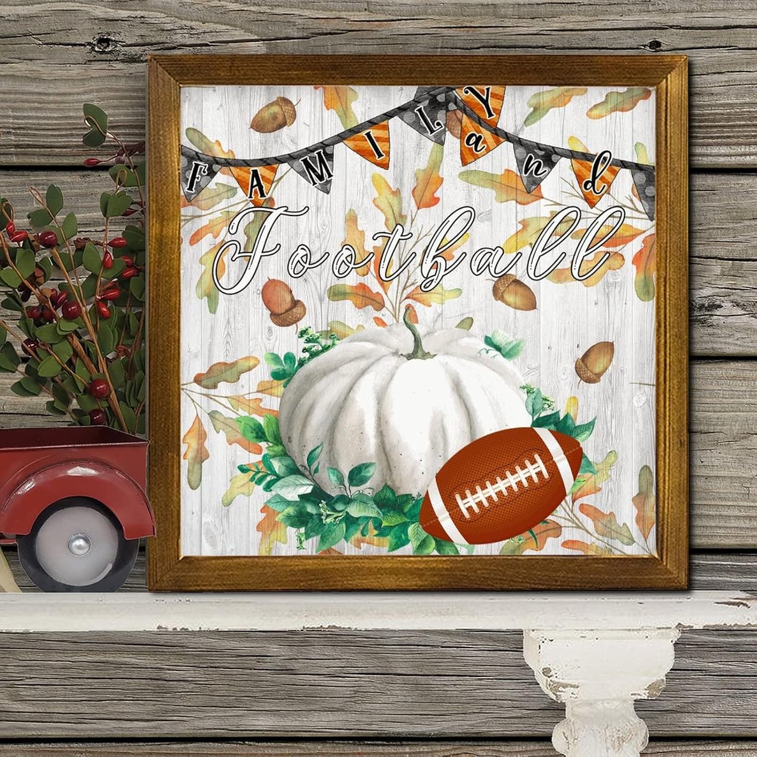 Family and Football Wood Framed Signs Autumn Pumpkin Sunflower Wall Decor Sign Retro Harvest Thanksgiving Hanging Wall Signs Decoration for Home Bathroom Indoor Kitchen Garden 12x12 inch