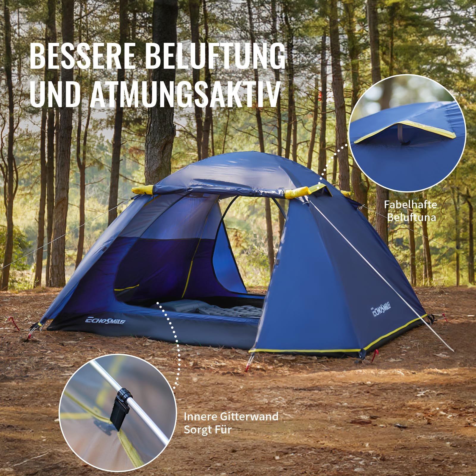 EchoSmile Zelt 3 Personen, Geräumiges Kuppelzelt für 3-5 Personen mit Erweiterbarem Raum, aufzubauendes Zelt für Picknick, Wandern und Outdoor Aktivitäten