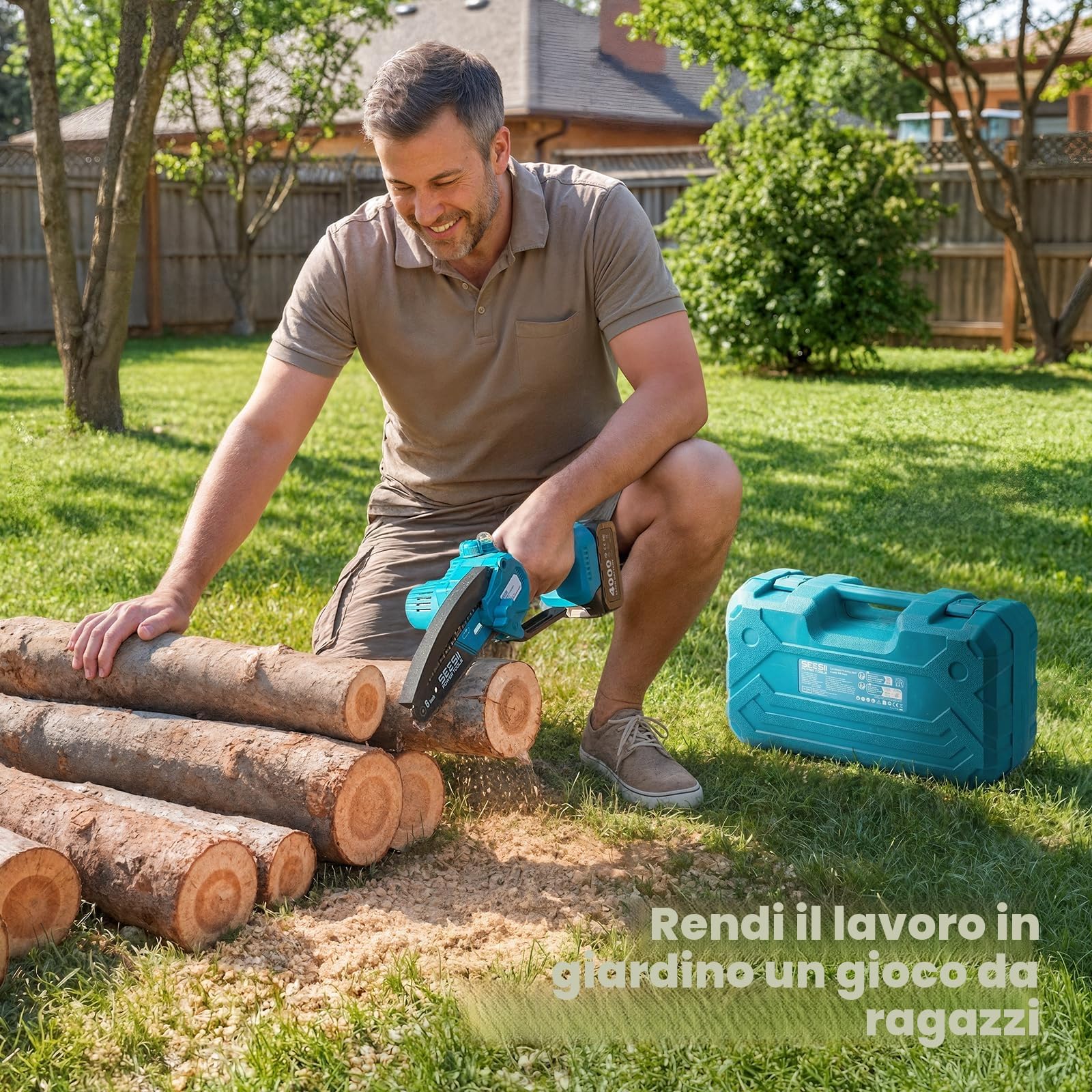 SEESII Mini Motosega a Batteria da 6 Pollici con Batterie 2x4.0Ah | Motosega Elettrica Leggera con Lubrificazione Automatica e maniglia, Perfetta per Giardinaggio, Taglio Legna e Campeggio