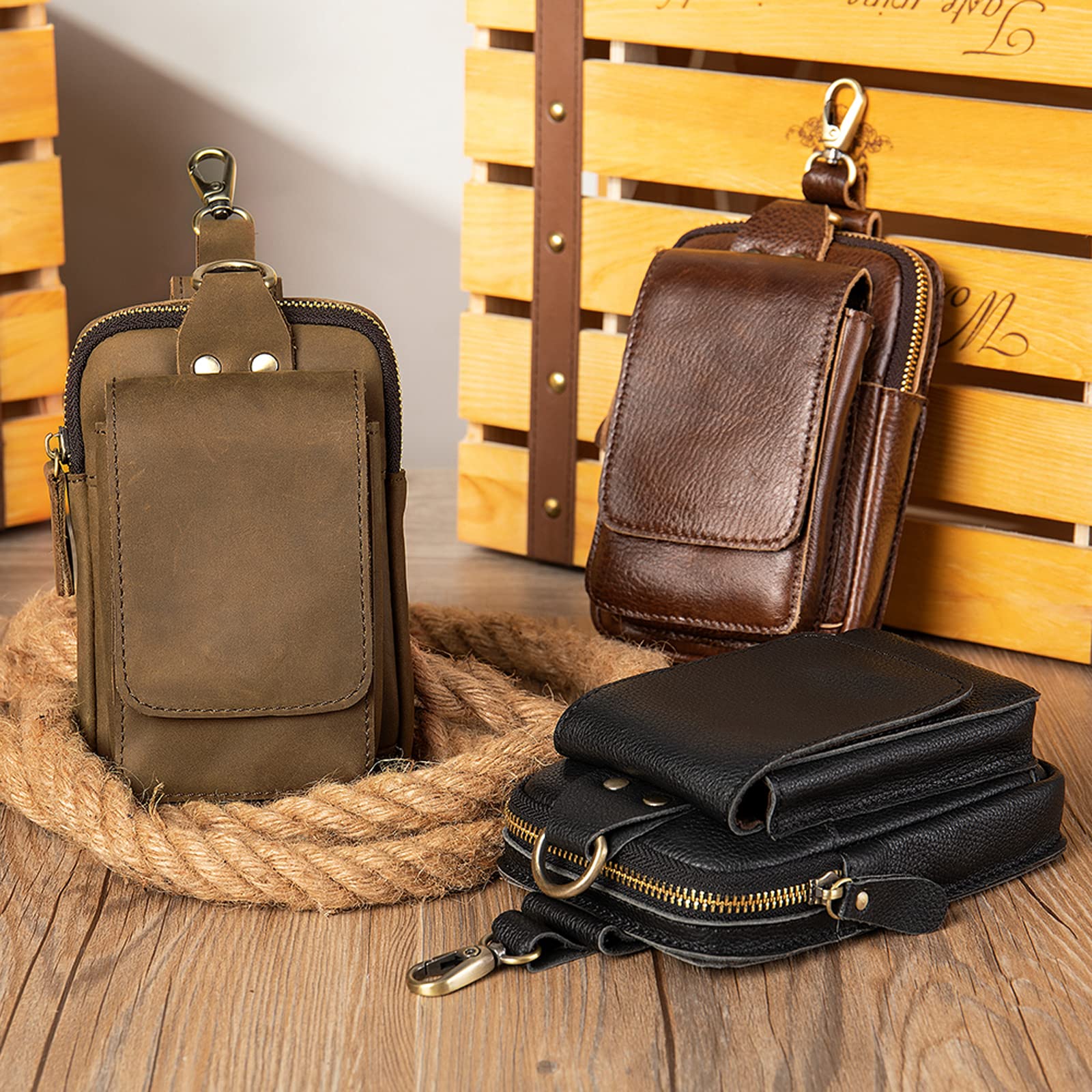 Riñonera de piel auténtica para hombre, bolsa para teléfono celular, para viajes, deportes al aire libre, senderismo, caminar, Negro, Vintage