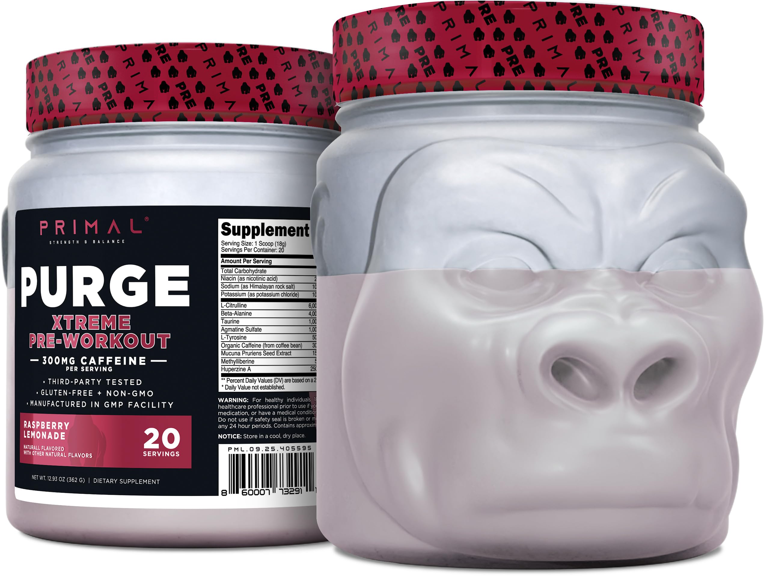 Primal Pré-treino em pó com cafeína 300 mg, sabor Raspberry Lemonade, 20 porções