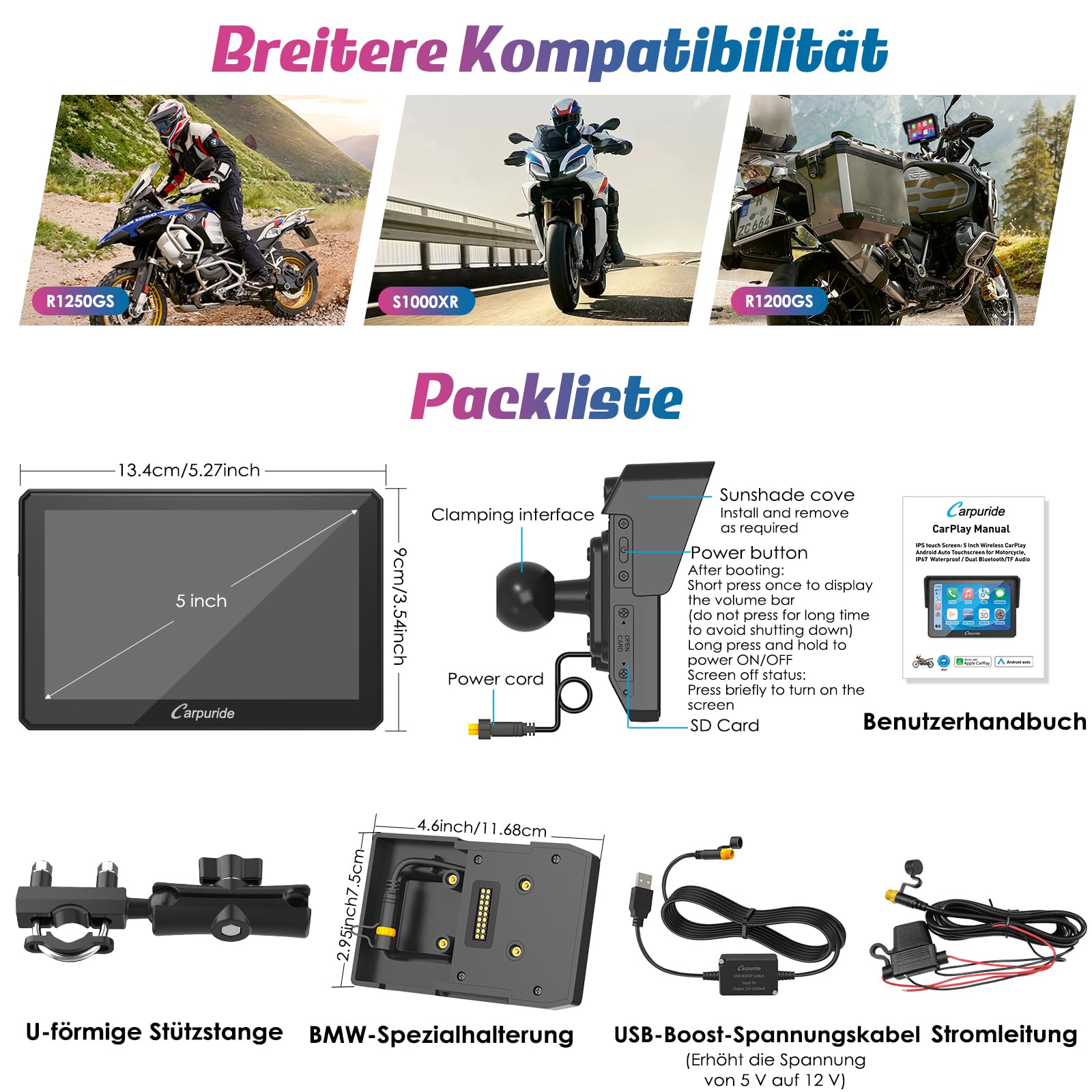Carpuride W502B Écran Carplay pour BMW Moto R1200GS R1250GS S1000XR, écran Tactile étanche de 5 Pouces, Navigation GPS Portable Carplay/Android Auto pour Motos, Double Bluetooth