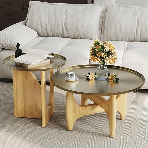 Miniatura 5 de Mesa de centro redonda, mesa de centro de madera natural con bandeja de oro cepillado, mesas de sofá modernas con patas de madera para sala de