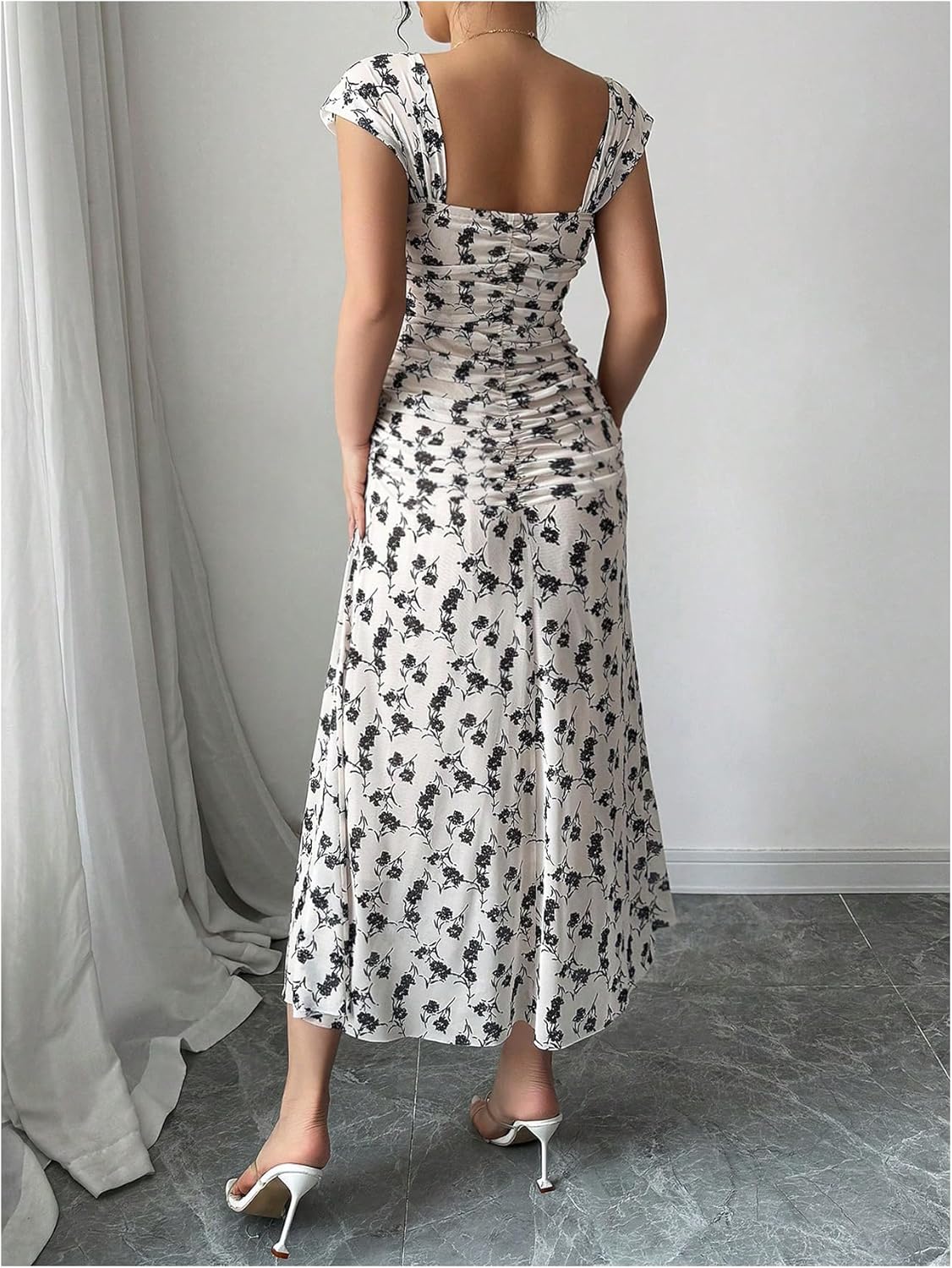 GORGLITTER Women's Floral Bodycon Maxi Dress Elegant Summer Mesh Off The Shoulder Ruched Split Wedding Guest Dresses - Image 2