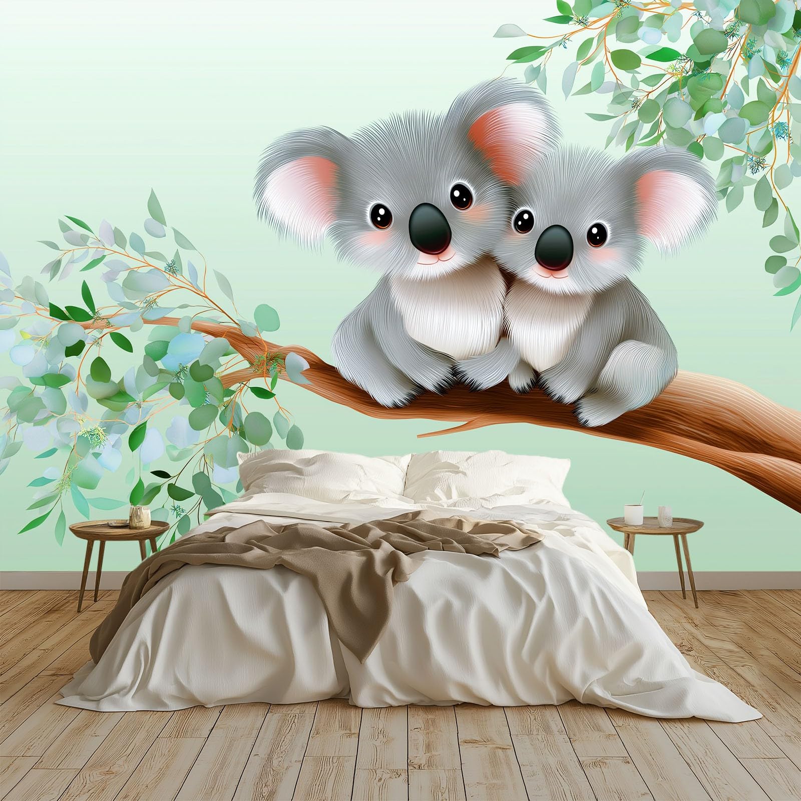 Generico Panoramiczna tapeta XXL kreskówka koala liście roślin, dekoracyjny plakat ścienny szałwiowy zielony do pokoju dziecięcego, sypialni i salonu 350 x 256 cm