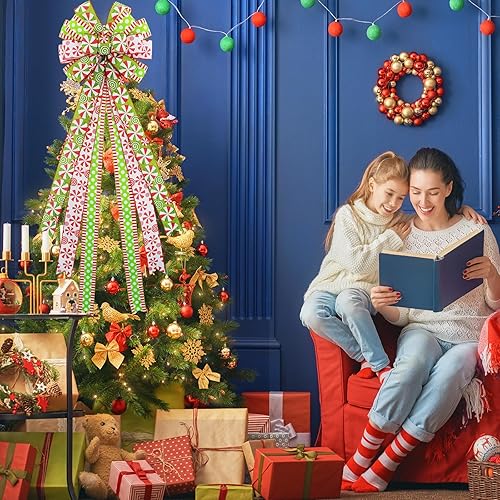 Miniatura 4 de Tmflexe Decoración para árbol de Navidad, coronas, lazo grande de árbol de elfo de Navidad, lazos de lunares, cintas rojas y verdes, bastón de