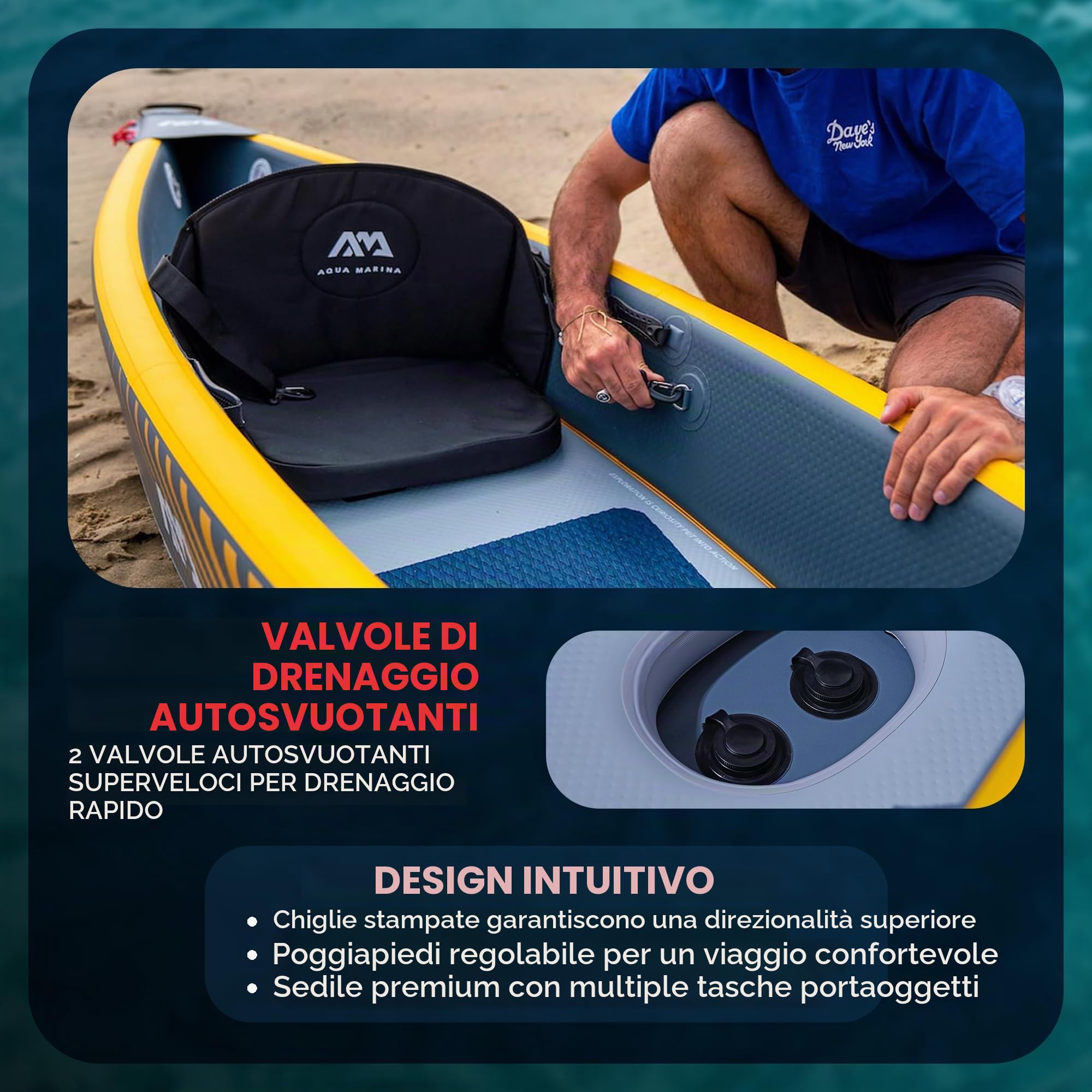 Aqua Marina Tomahawk, AIR-K - Kayak gonfiabile ad alta pressione, per 1 persona, lunghezza 375 cm, colore: blu marino/giallo