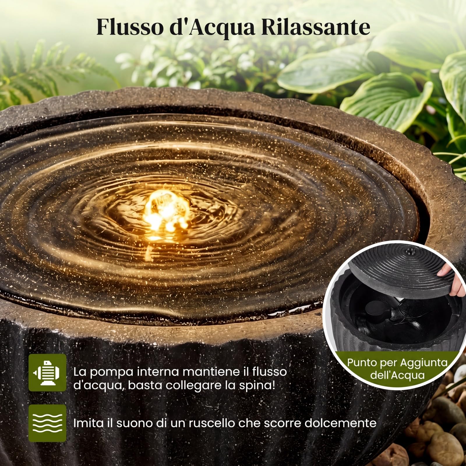 COSTWAY Fontana da Giardino, Fontanella Elettrica da Interno ed Esterno con Luci e Flusso d'Acqua Regolabile, Fontana a Forma di Ciotola con Effetto di Pietra da Terrazza e Balcone