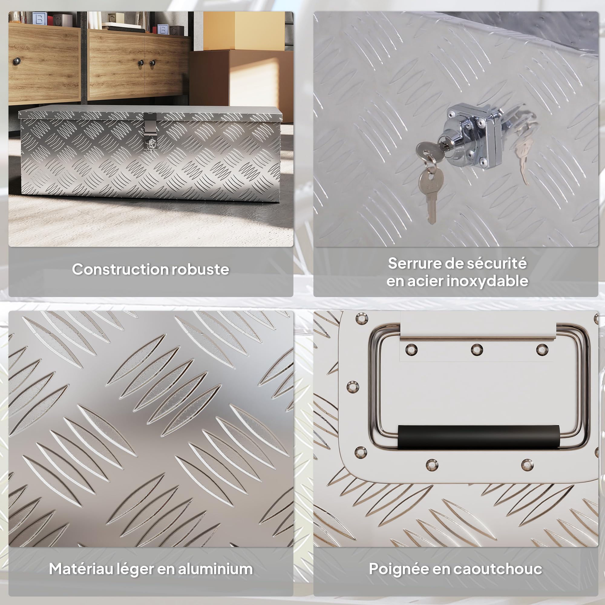 HOMCOM Boite de rangement - boîte à outils en aluminium - caisse à outil alu. poignées rétractables verrouillage clé dim. 76L x 33l x 25H cm