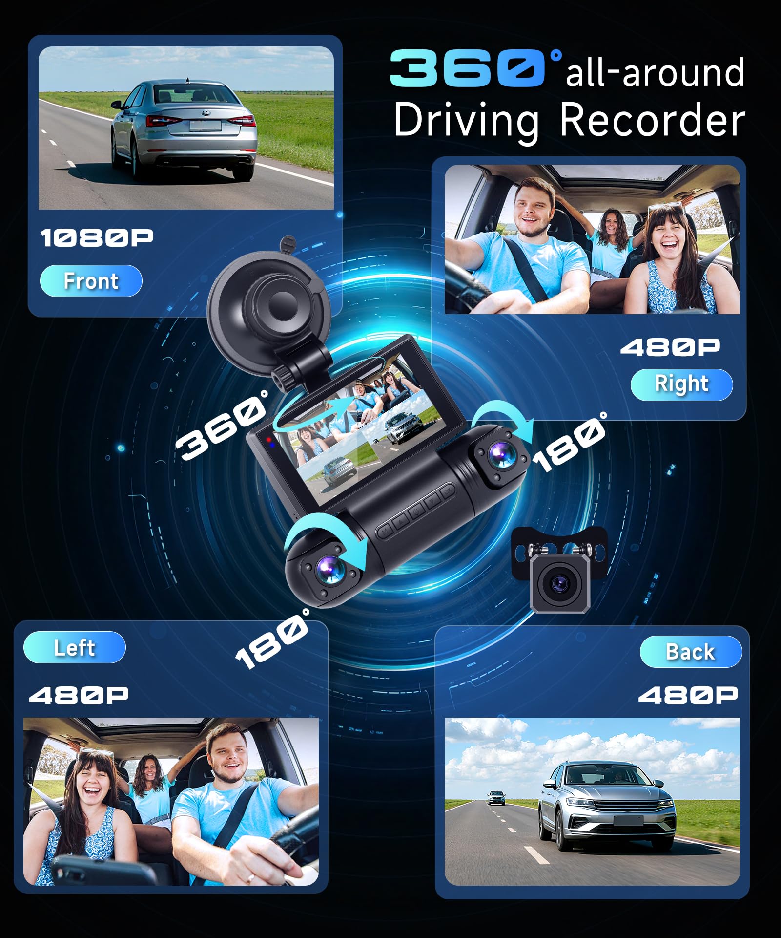 VECHTEL Cámara de salpicadero 2K para Coche,Delantera y Trasera,con WiFi,4 cámaras de salpicadero 1080P,Pantalla IPS de 3 Pulgadas visión Nocturna,Sensor G,360 ​​Grados,con 128 GB Card