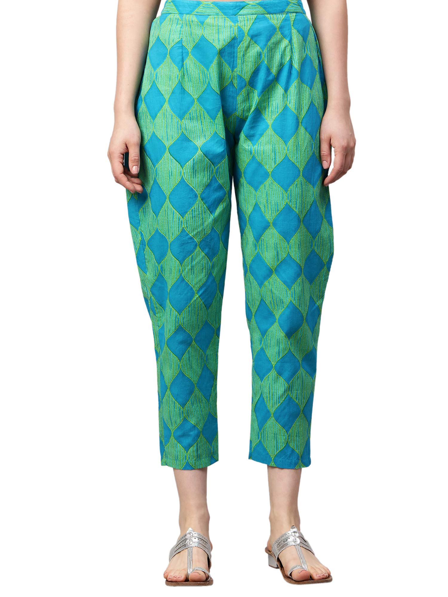 Indo Era Women's High Rise Cotton Striped Regular Fit Trouser(Pl0Gn2058) in neutral