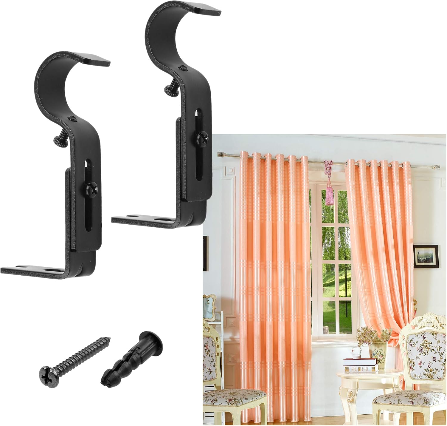 Kare & Kind Adjustable Brackets for Curtain Rods - Black - Set of 3 - Extendable Mounts - Use to Hold 1 Inch Rods for Light to Heavy Curtains, Fabrics, Draperies, Tapestries - Rust Proof Wall Mount