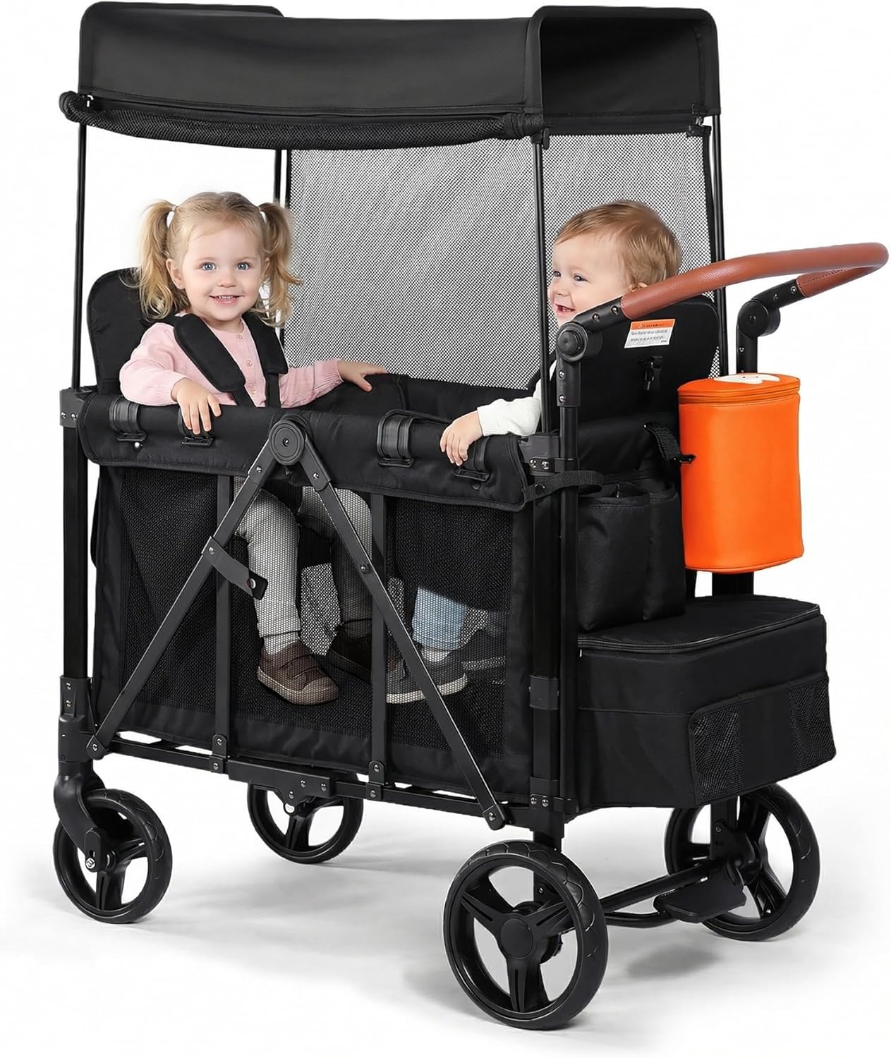 Stroller Wagon with Adjustable Handle Includes Canopy & Organizer, Foldable and Convenient for Storage (Black)
