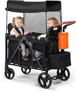 Stroller Wagon with Adjustable Handle Includes Canopy & Organizer, Foldable and Convenient for Storage (Black)